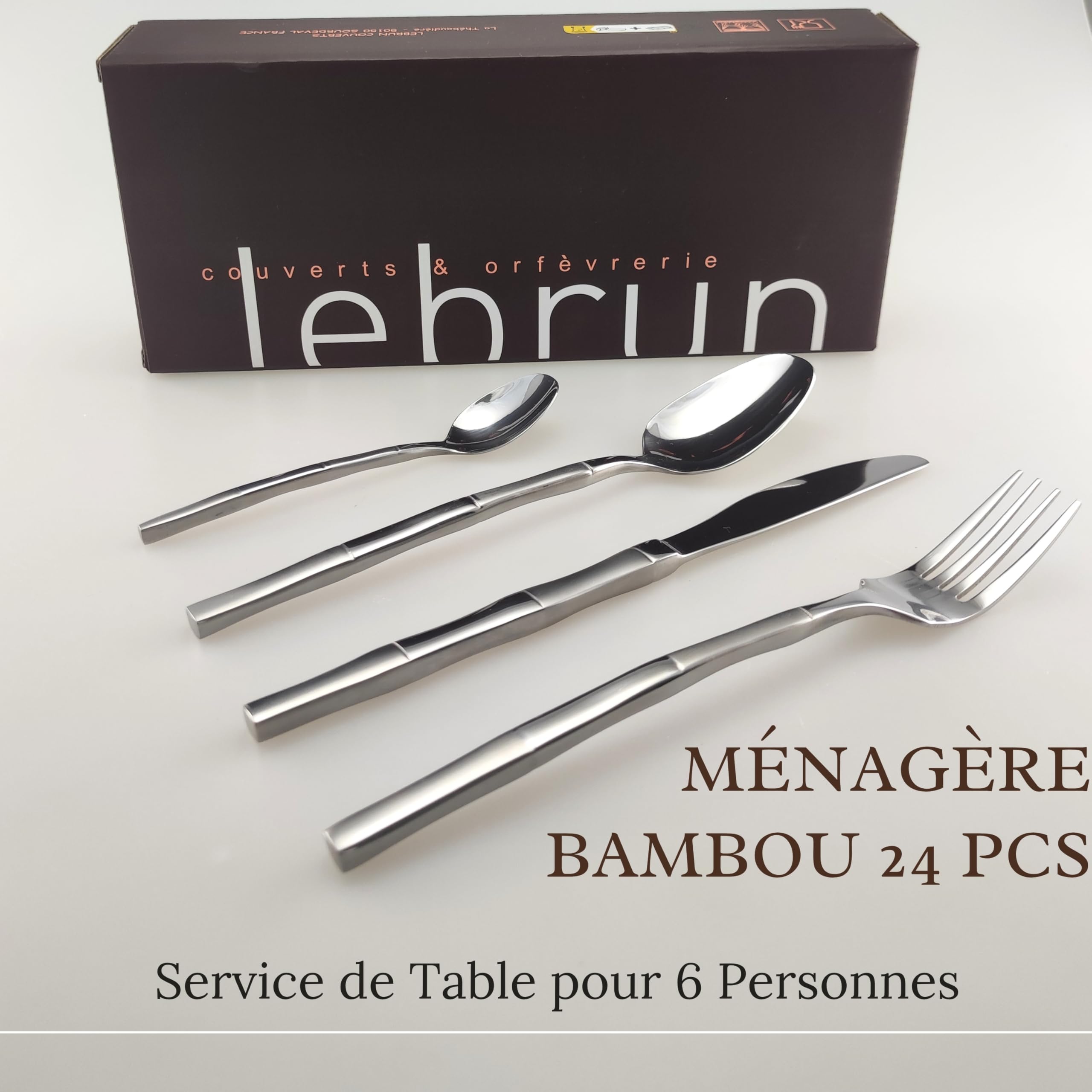 Lebrun Cubiertos BAMBOU – Cubertería de 24 piezas – Vajilla para 6 personas – Juego de 6 tenedores, 6 cuchillos de mesa, 6 cucharadas, 6 cucharaditas – Diseño moderno – Marca francesa