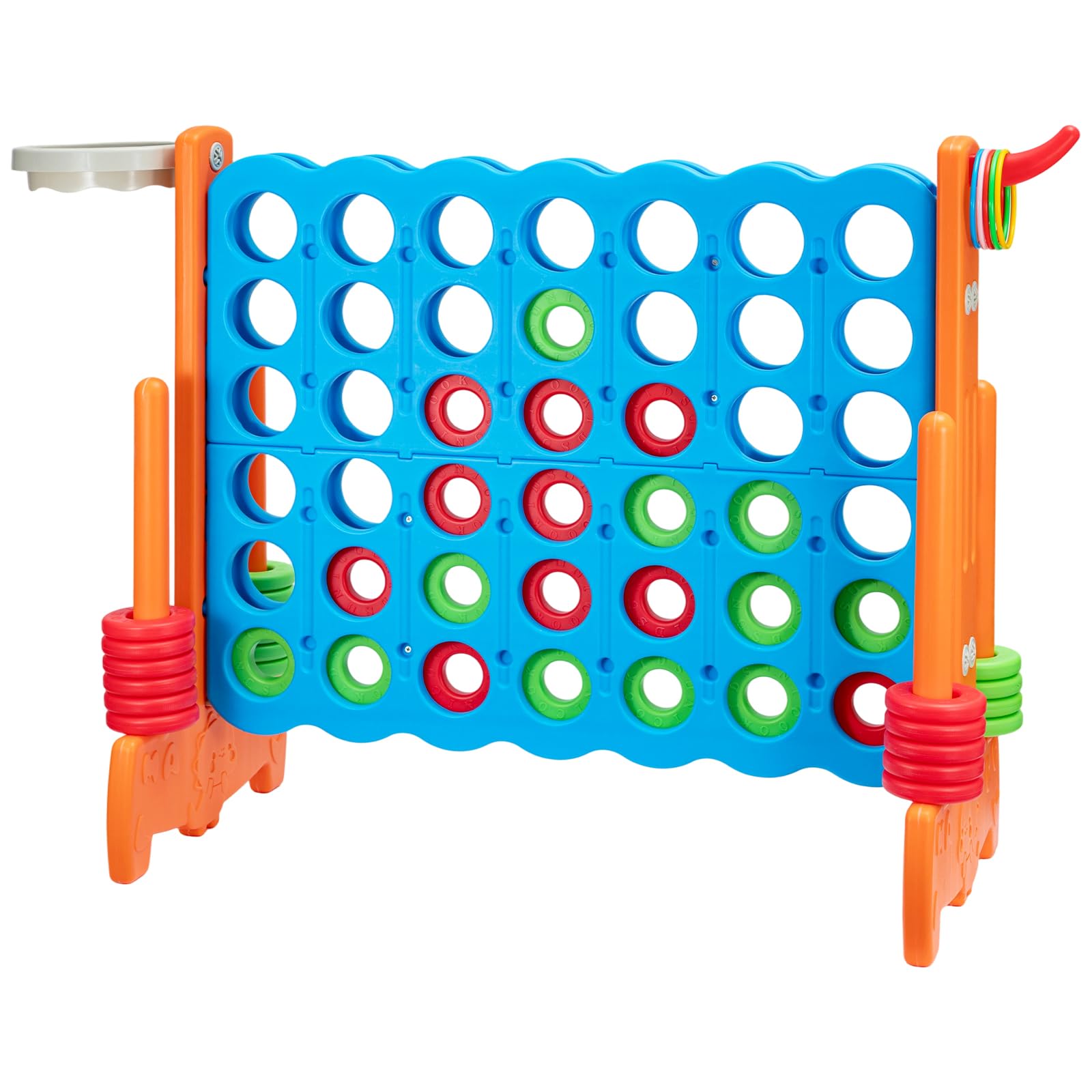 M.J COMFY-LIFE Giant Connect 4 Game Set – 3-in-1 Indoor/Outdoor Family Fun with Basketball Hoop, Ring Toss, & 42 Jumbo Rings – Quick-Release Slider – Perfect for Kids & Adults (Blue+Yellow)