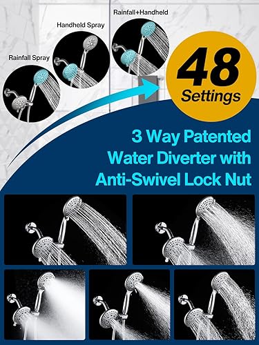 Miniatura 10 de Cobbe Cabezal de ducha de 3 vías de alta presión de 48 ajustes, ducha de mano y ducha de lluvia por separado o juntos, cabezal de ducha doble 2 en 1