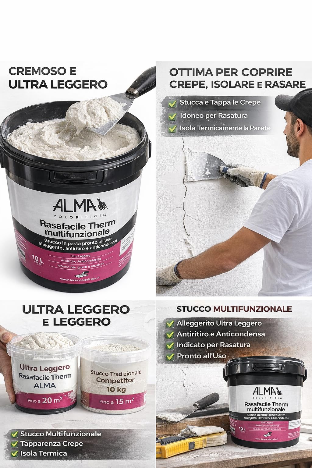 Rasafacile Therm Stucco in Pasta 10L – Pronto all’Uso, Antiritiro e Anticondensa – Antimuffa Rasante Leggero per Giunti e Rasatura Pareti Interne