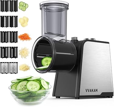 Electric Cheese Grater,300W DC Motor Salad Maker,Electric Slicer Shredder with 5 Different Shapes of Blades,Electric Vegetable Cutter for Potato,Carrot,Black