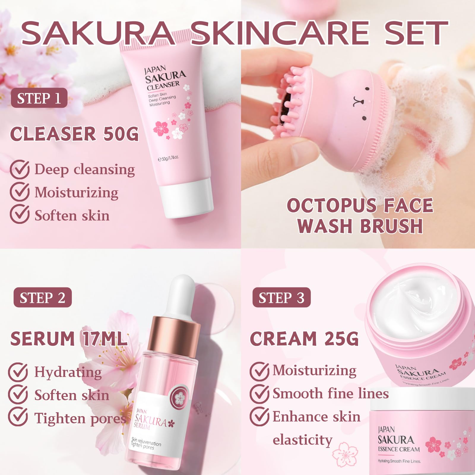 Skincare Set Sakura Teen Girls Gifts - Skin Care Set - Skincare for Teens 10-12 Hydrating - Travel Size Facial Kit for Women with Cleanser,Serum,Cream,Bunny Headband,Cleansing Brush?5pcs?