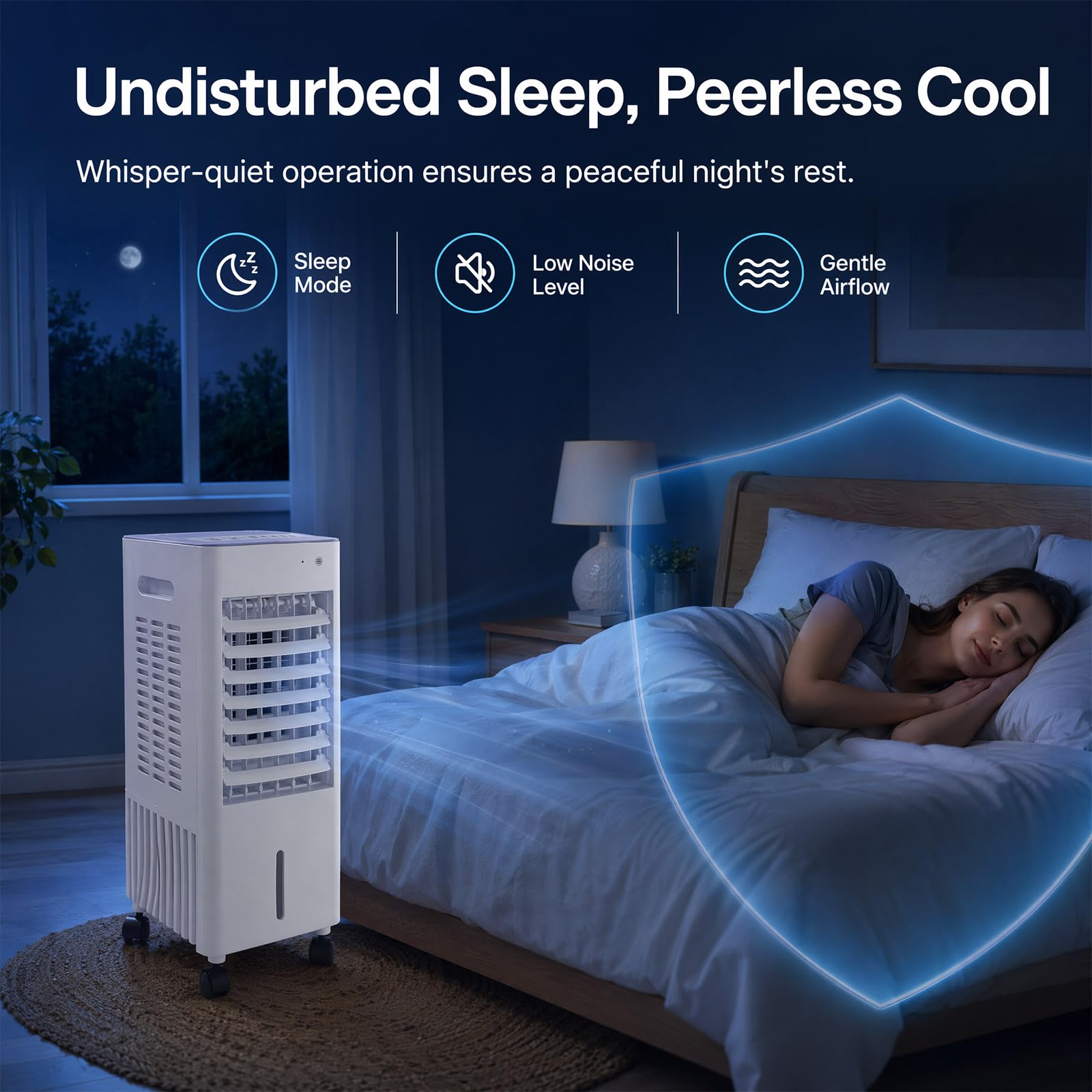 Rafraîchisseur d'air 4-en-1 Mobile sans Tuyau d'évacuation, Réservoir 12L avec 2 Blocs de Glace, Climatiseur Portable, Humidificateur, Purificateur, Télécommande, Minuterie 7.5h