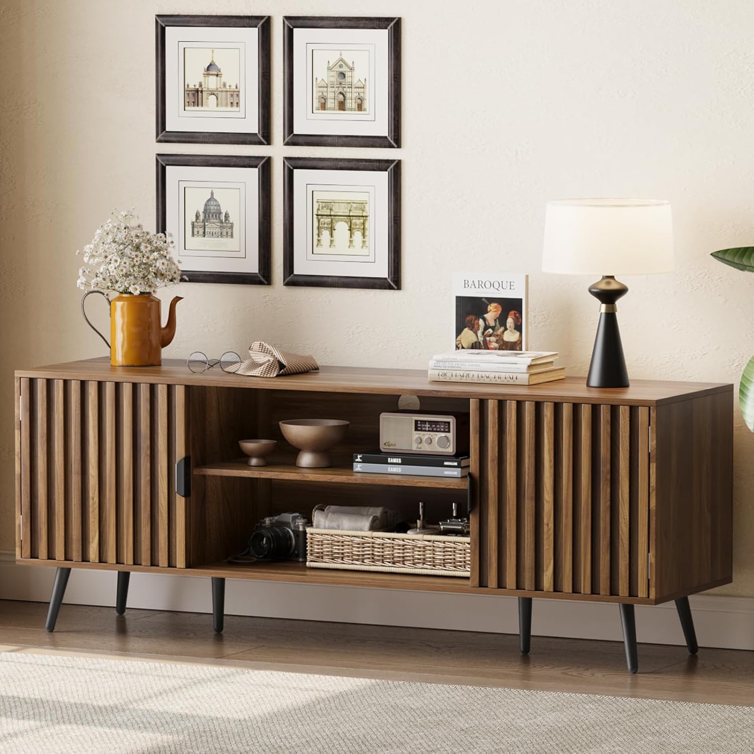 Semiocthome Walnut Fluted TV Stand for 60 70 inch TV, Mid Century Modern TV Stand with Adjustable Shelf, Entertainment Center with 2 Storage Cabinet, TV and Media Consol for Living Room