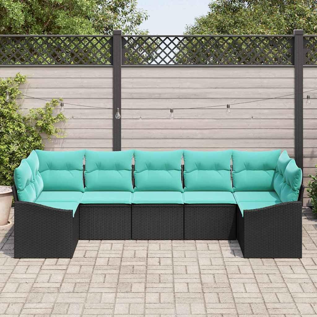 Garden Sofa Set 7 pcs Black and Turquoise Poly Rattan Outdoor Furniture with Comfortable Cushions, Modular Patio Sofa for Backyard, Poolside, Balcony, All Season Use, Easy Assembly
