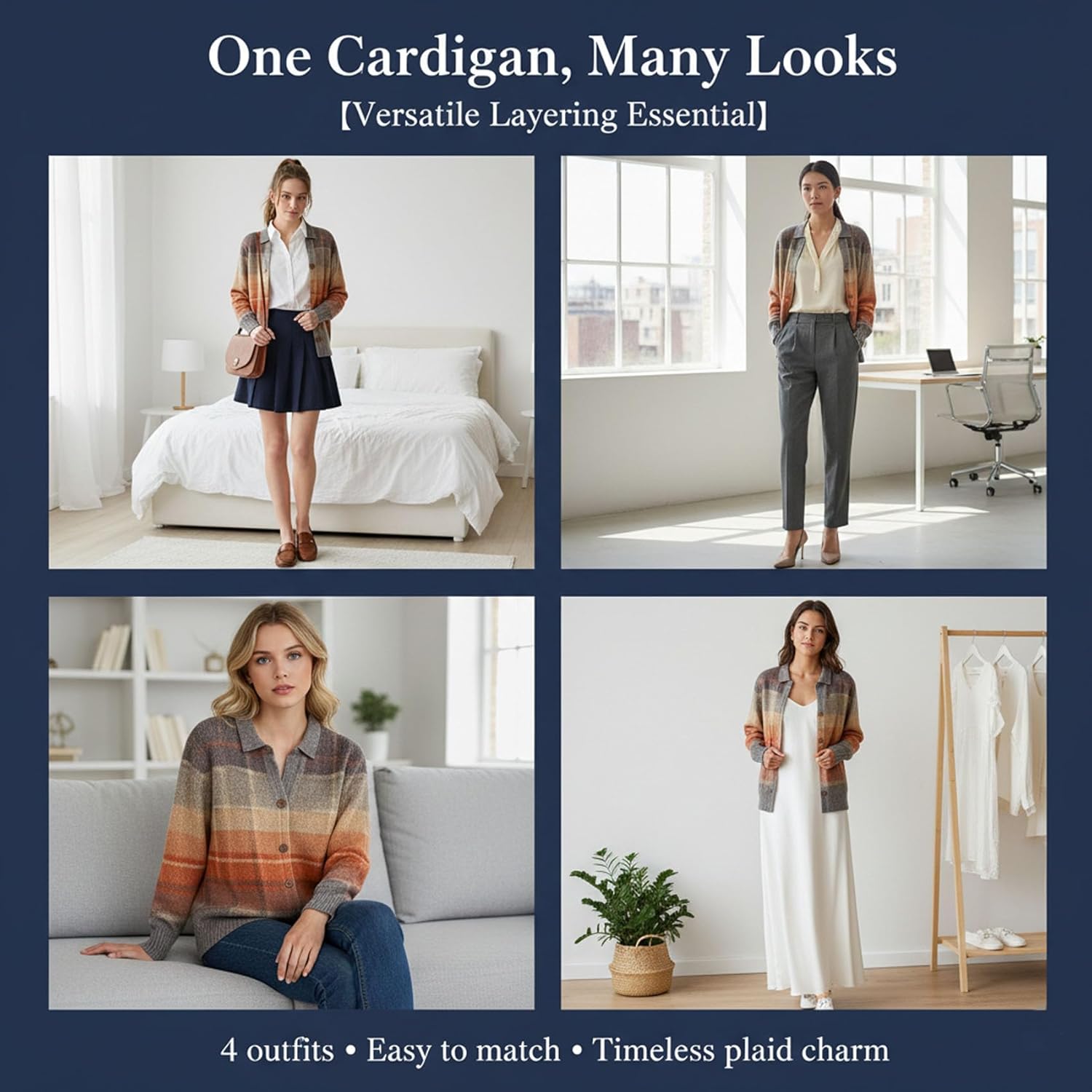 Women's Plaid Print Casual Cotton Buttoned Cardigan Sweater, Cropped Plaid Cardigan Sweaters for Women - Image 6