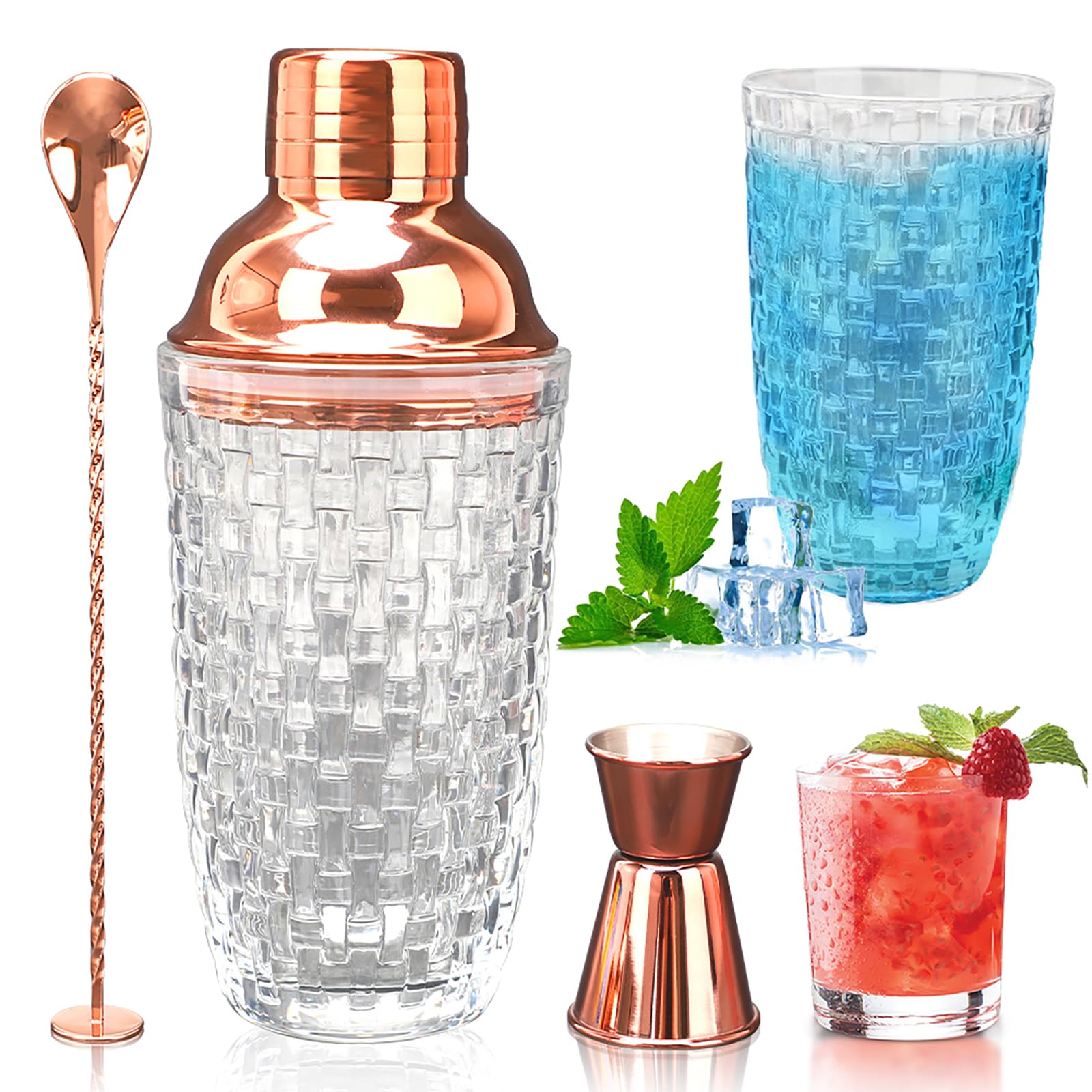 Shaker à Cocktail En Verre 400 Ml Doré - Couvercle Doseur Inox, étanche - Pour Bar Maison, Jus, Mocktails - 11