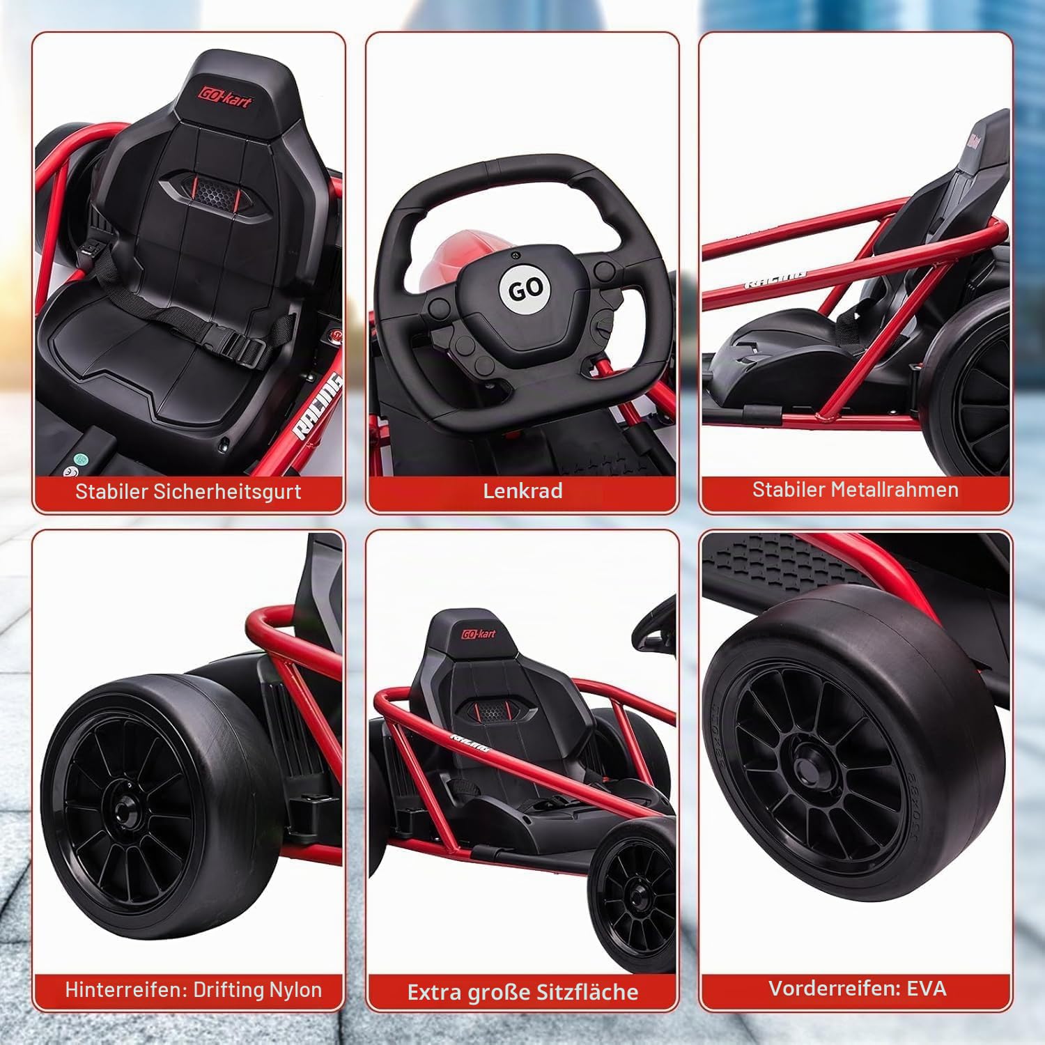 Elektrisches Go-Kart Rot 24V für Kinder, Drift Kart mit 2×12V 9Ah Akku, Verstellbarem Sitz, Vor- und Rückwärtsgang, Elektro Kinderauto ab 4 Jahren