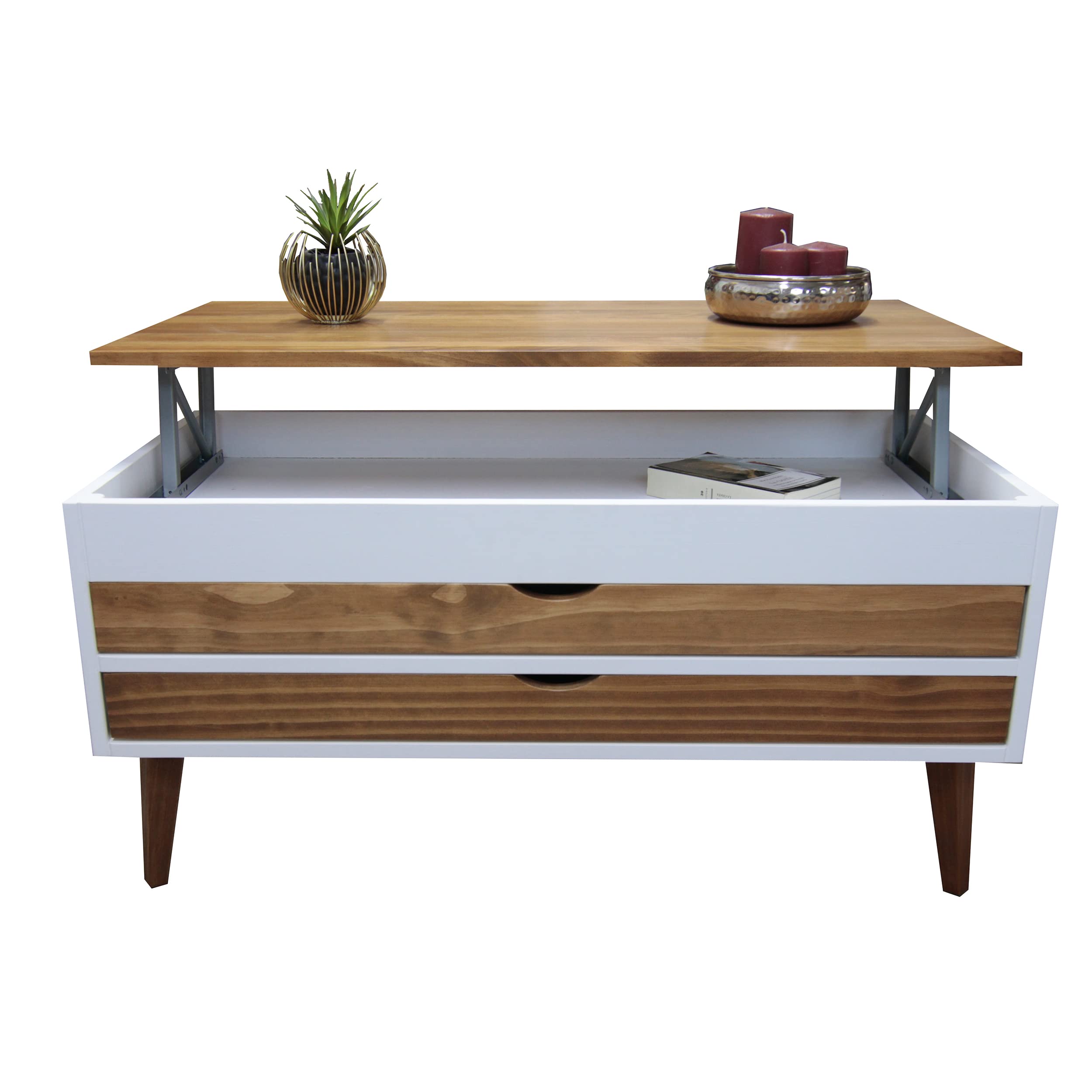 LoMasCasa - Mesa de Centro Salón Elevable Modelo Luzia 5 con Dos Cajones Deslizantes en Color Blanco y Madera Color Nogal Medidas 100x50x47 cm