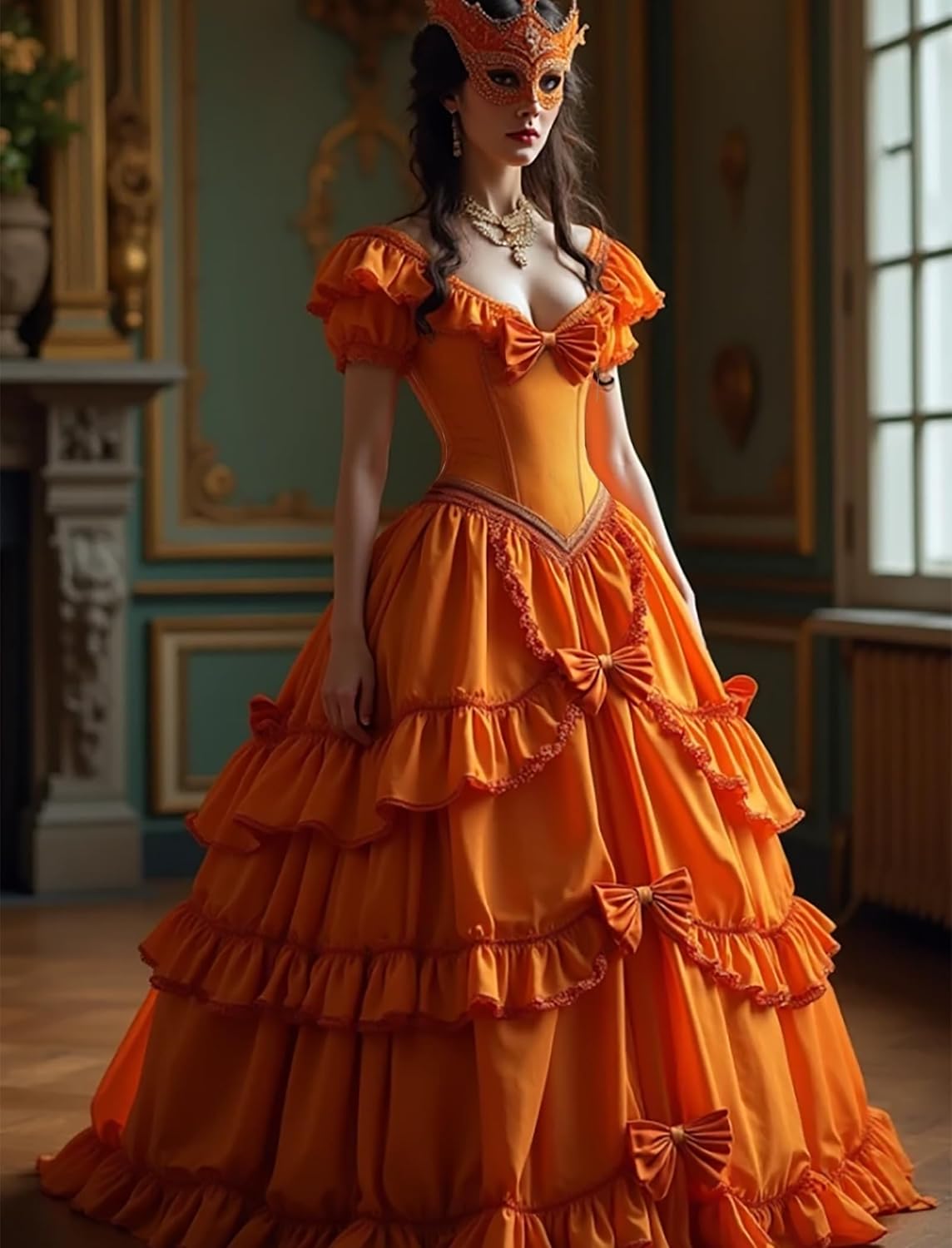 TRHTX Gothic Puffy Sleeve Wedding Dresses for Bride with Bow Layered Satin Bridal Dress V Neck Wedding Gown