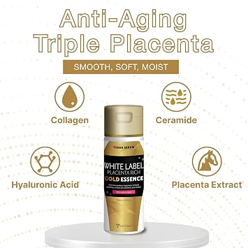 WHITE LABEL Placenta Rich Gold Essence 180ml | 3x Concentrated Placenta & Hydrating Japanese Toner | With Hyaluronic Acid, Collagen & Ceramide for Aging & Dull Skin