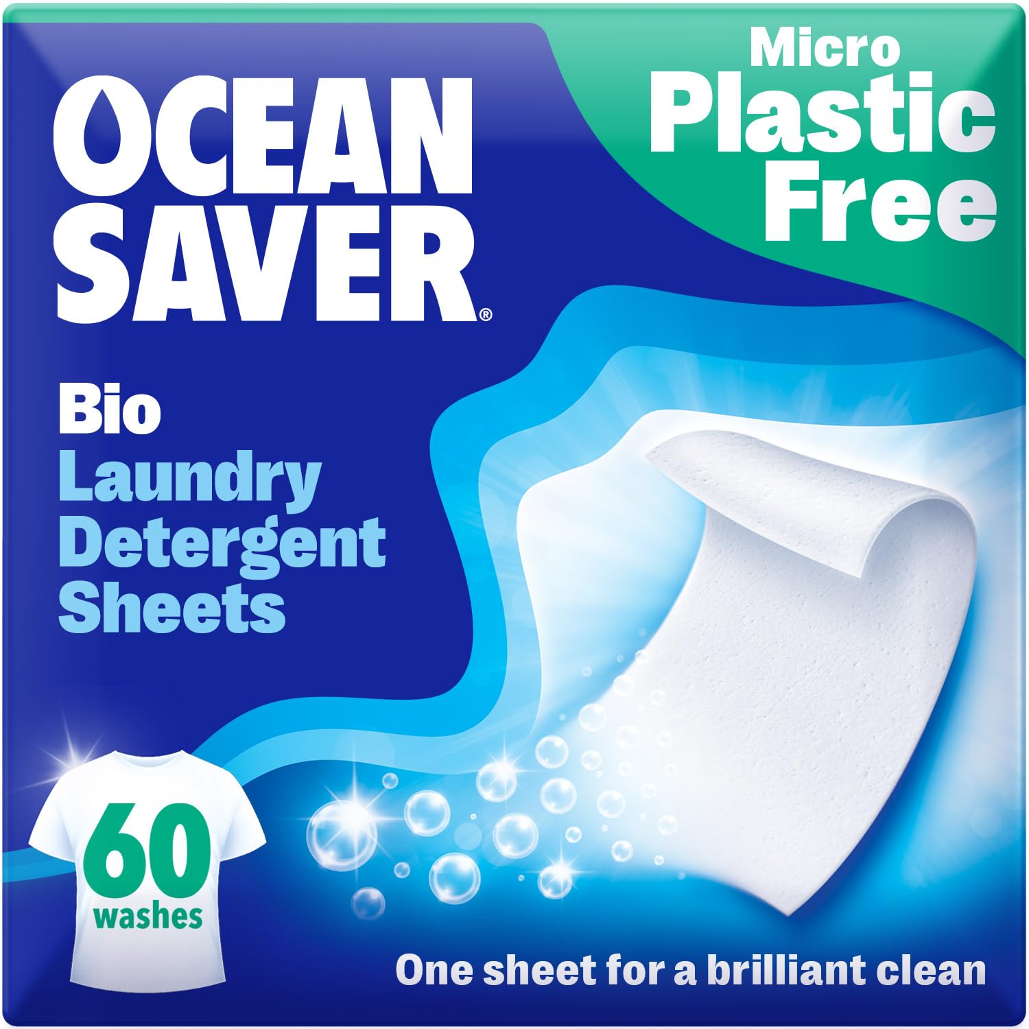 OceanSaver Eco Laundry Detergent Sheets | Bio | Eco-Friendly, Biodegradable & Freshly Scented | Zero-Waste & Removes Tough Stains | Vegan, Plastic & Cruelty-Free | Plant Based Formula (60 Washes)