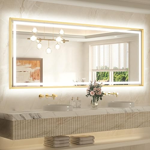 Miniatura 12 de TETOTE Espejo LED de baño de 24 x 32 pulgadas, marco de metal dorado cepillado frontal y retroiluminado, espejo de tocador antiniebla, regulable Oro