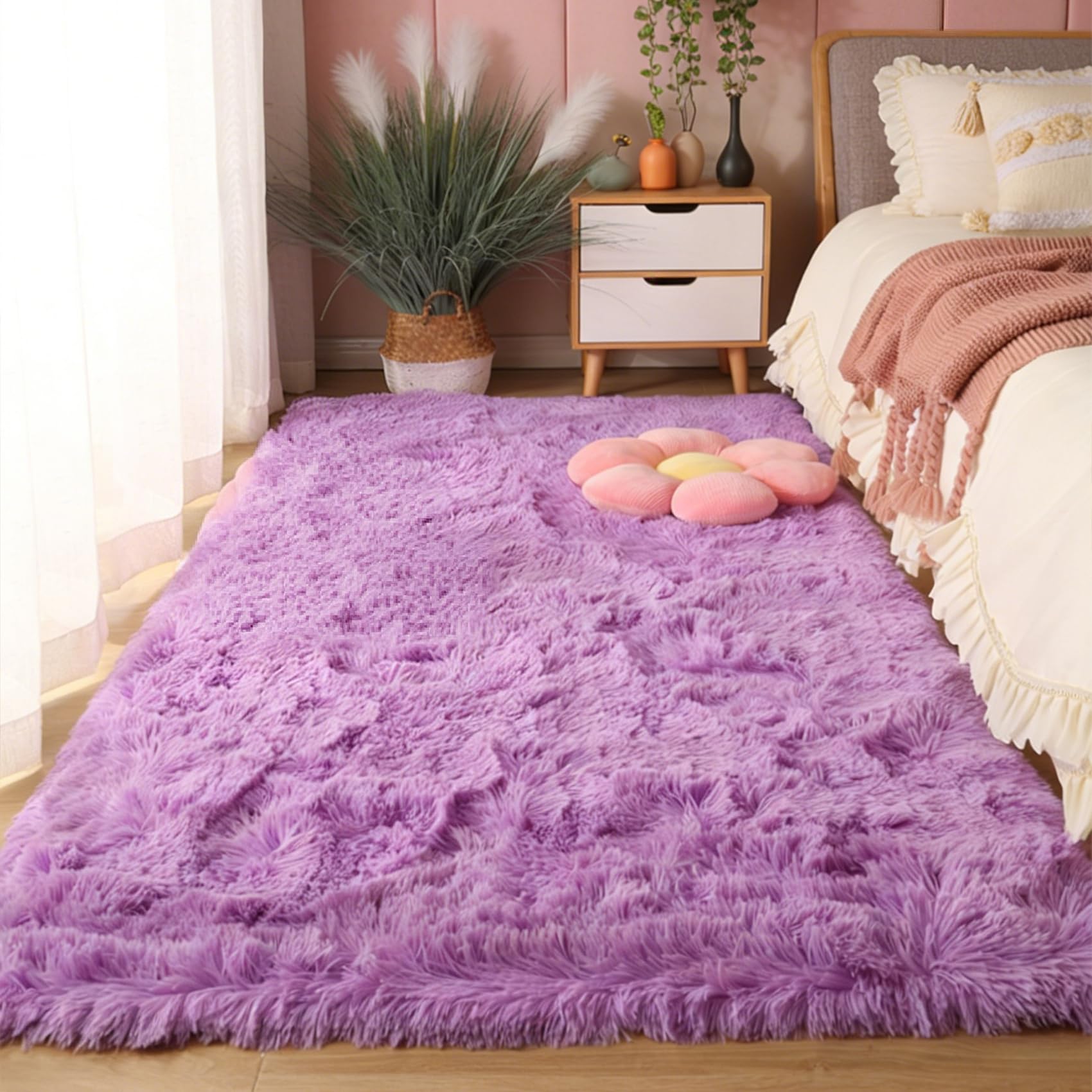 Tapis de salon shaggy pourpre lavable et grand tapis chambre