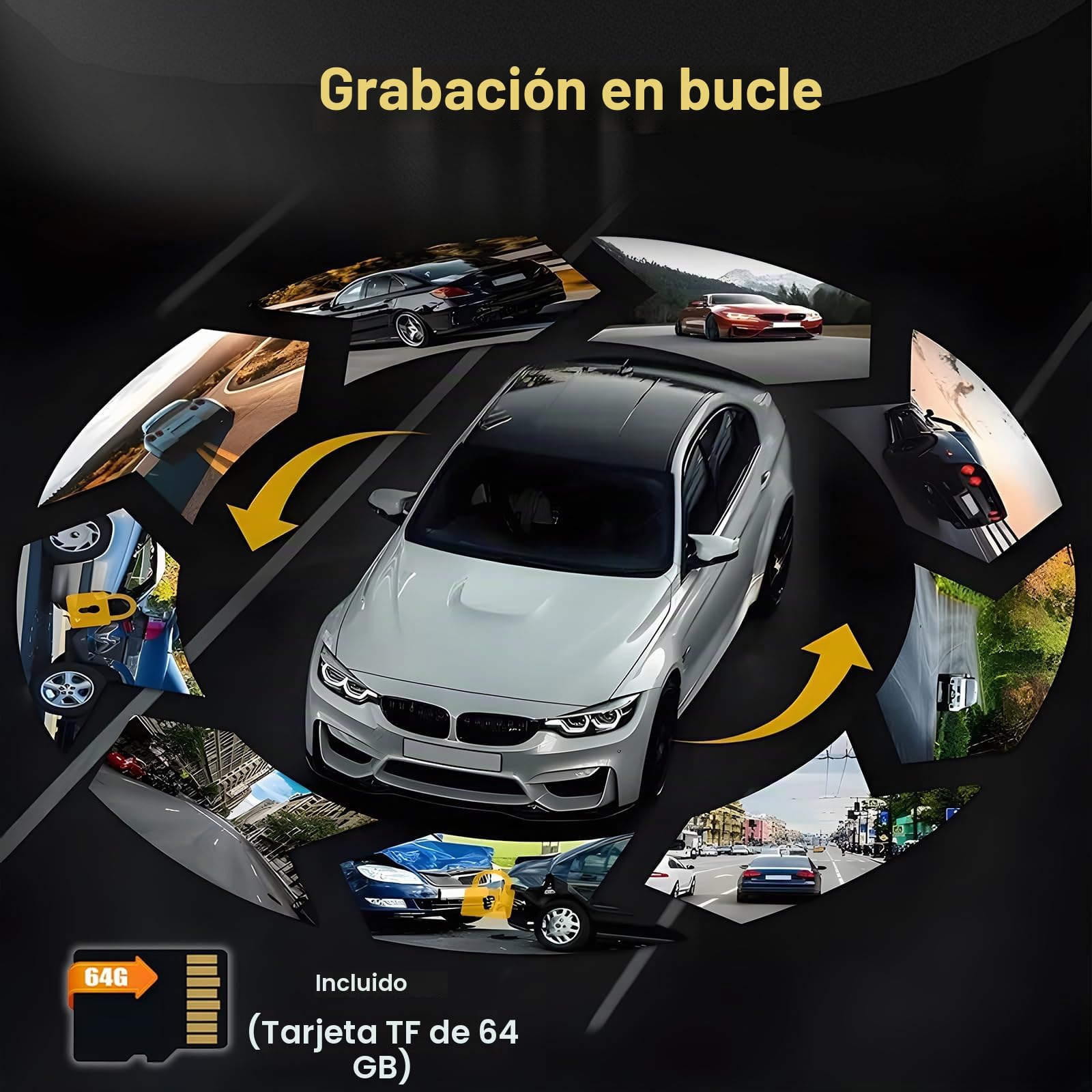 Inefala Full HD 1080P Dash CAM con Cámara de Coche de Cuatro Canales 360°, Pantalla de 3'' con 64G de Memoria y 8 IR de Visión Nocturna, Grabadora de Viaje con Sensor G y Monitor de Aparcamiento
