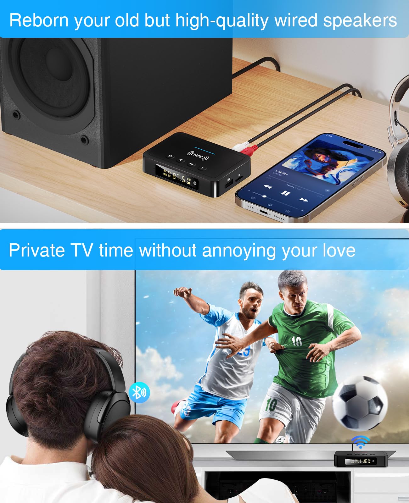 Trasmettitore Bluetooth, Adattatore Ricevitore Trasmettitore Bluetooth 5.0 3 in 1, Trasmettitore FM con Cavo RCA/AUX, Adattatore Audio Wireless per Sistema Stereo/TV/PC/Cuffie/Altoparlanti