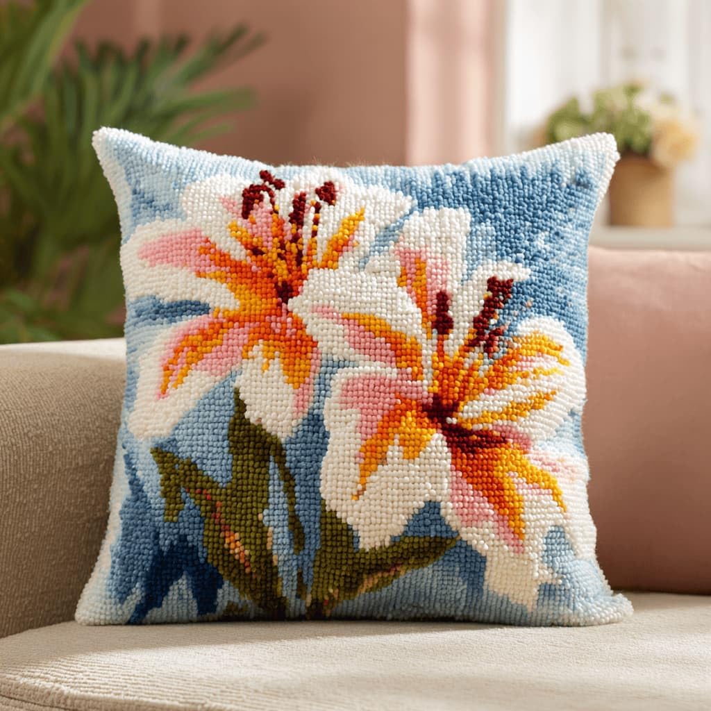 Kitquiver Beginner Latch Hook Cushion Kit,Lily Decor Pillow Cover 43X43Cm