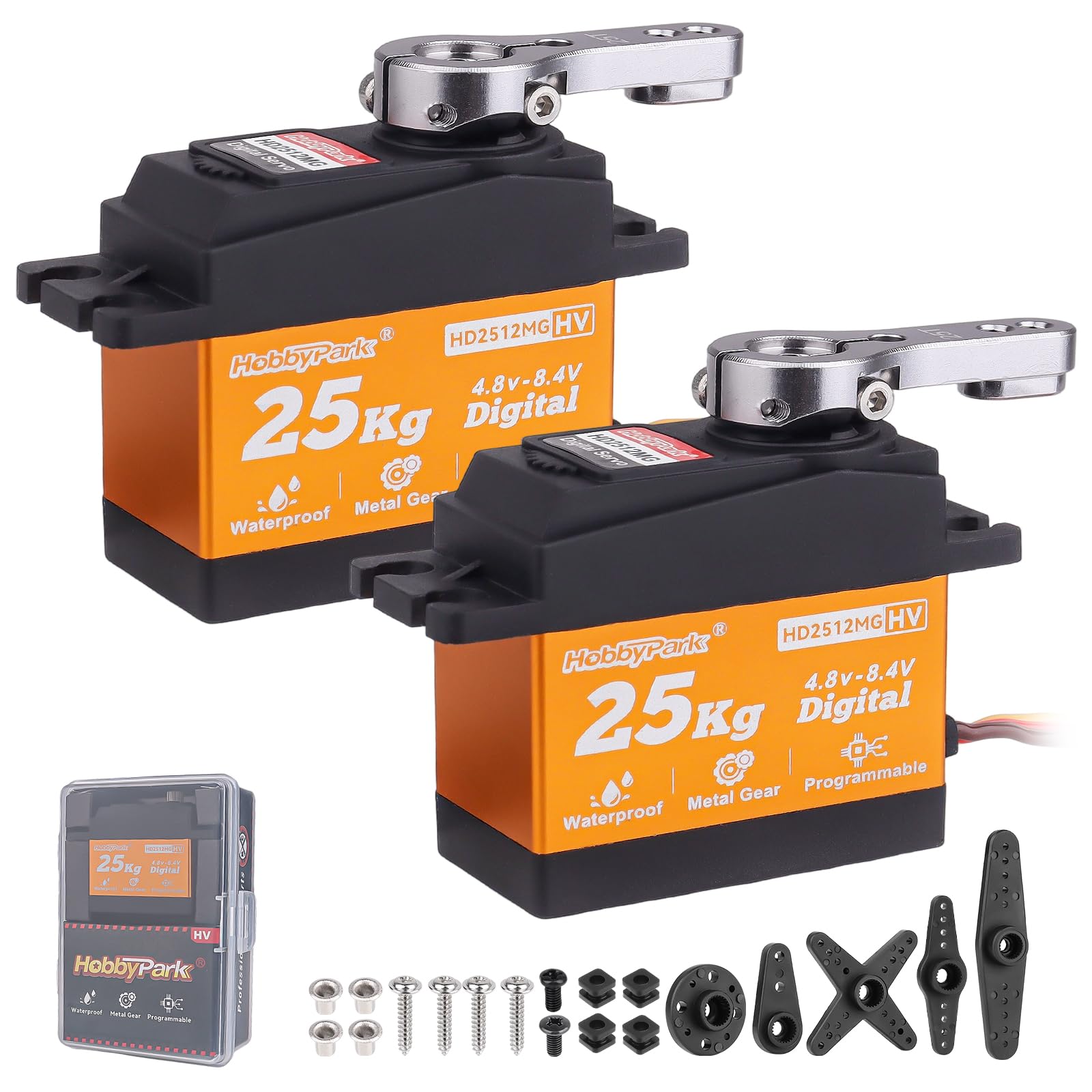HobbyPark Paquete de 2 servos resistentes al agua de 25 kg para todos los engranajes de metal, servo digital de acero inoxidable, servo dirección Arduino para 1/12 1/10 RC Crawler Car Truck Buggy 5V