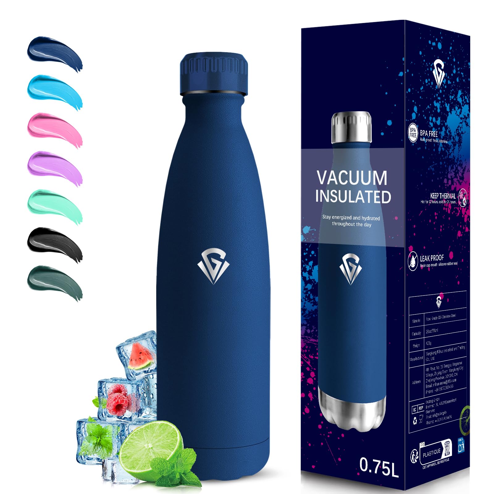 Grsta Darkblue Thermos Flask, 750 Ml Stainless Steel Drinking Bottle, Bpa-Free, Leak-Proof, 24 Hours Cold & 12 Hours Warm, Metal Water Bottle, Double Walled, For Travel, Camping, Dark Blue