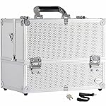 Joligrace Extra Large Makeup Train Case 6 Tray Make Up Artists Organizer Box Lockable Cosmetic Jewelry Toiletries Carrier Crafters Tool Cases with Adjustable Dividers & Shoulder Strap - Silver
