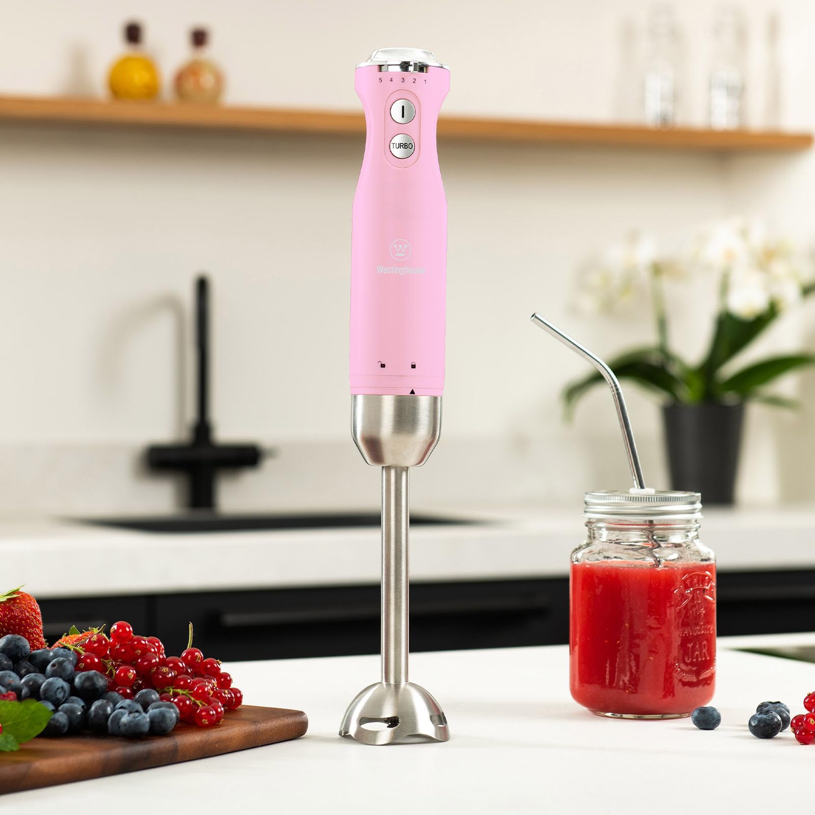Westinghouse Retro-Stabmixer, Turbofunktion, Handblender, Edelstahl-Mixfuß, spritzarm, 600 W, rosa