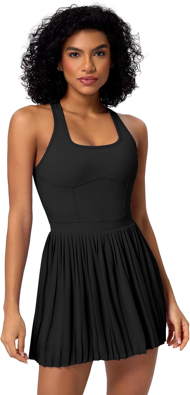 Women's Tennis Dress Mini Pleated Workout Dress with Built in Shorts Summer Golf Athletic Yoga Outfits with Pockets