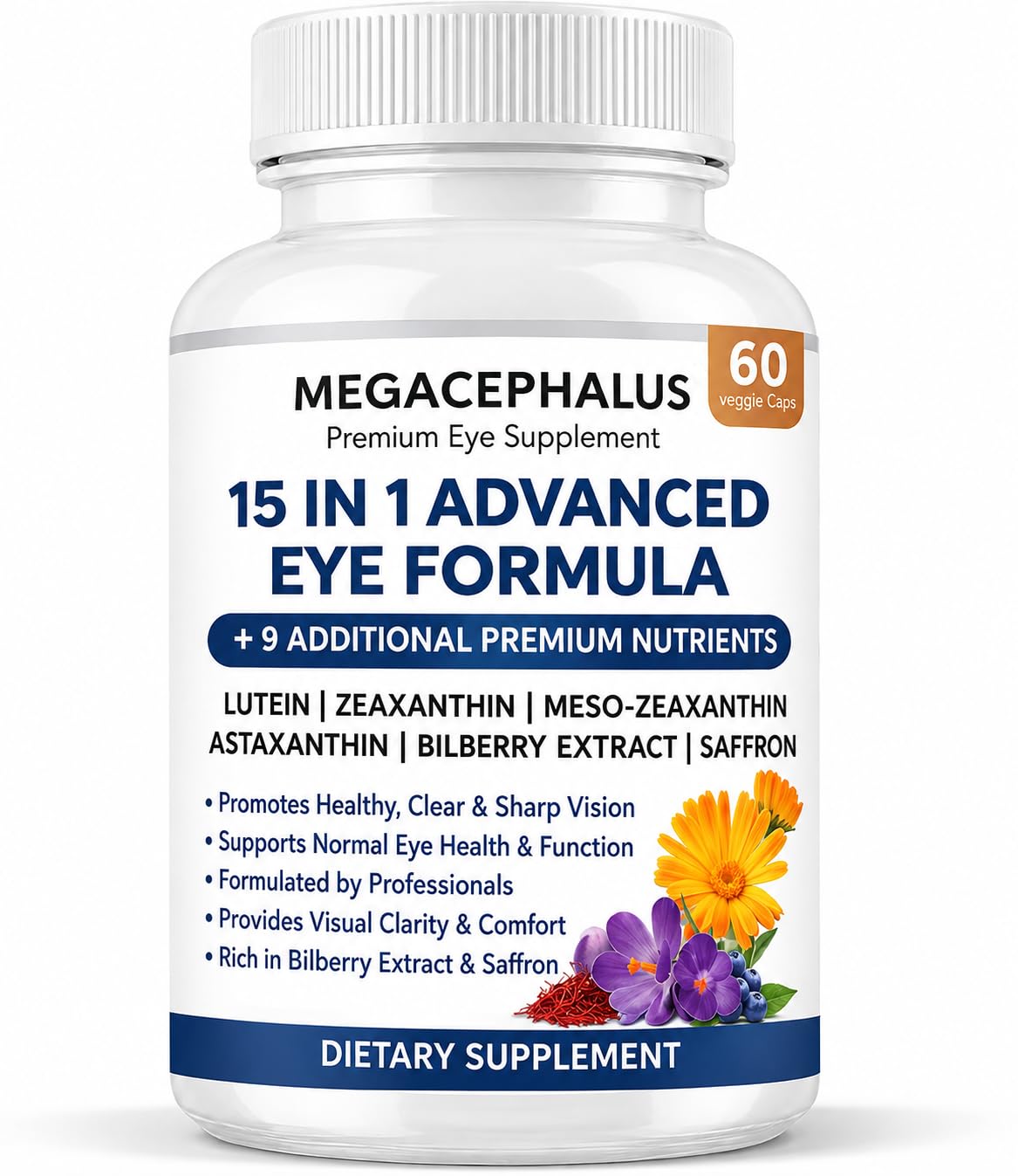 15-in-1 Advanced Eye Formula, Eye Formula with All 3 Carotenoids, Lutein &amp; Zeaxanthin, Bilberry Extract and Saffron, 60 Capsules