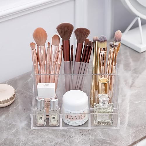 Yesesion Soporte transparente para brochas de maquillaje, organizador de cosméticos con 6 compartimentos, caja de almacenamiento de escritorio para