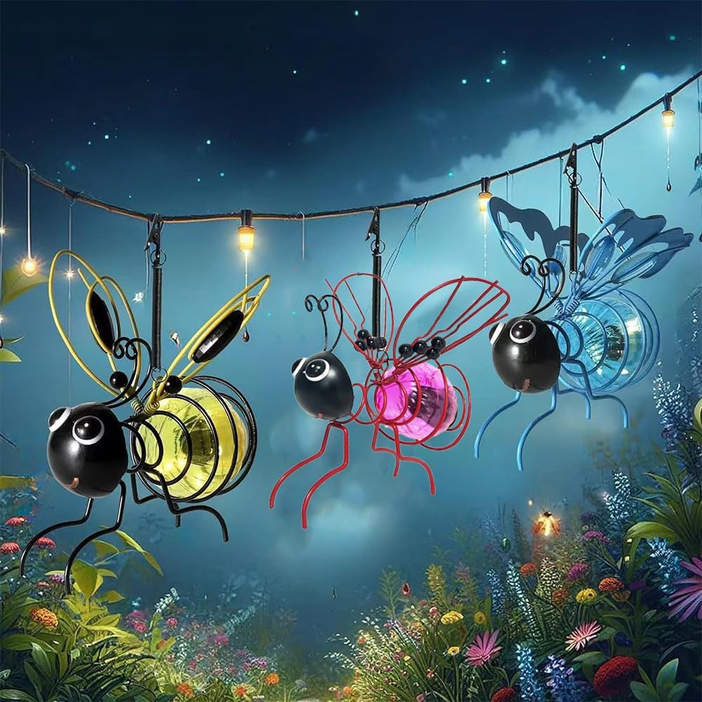 3Pcs Solar Hanging Bee Lights Outdoor, Metal Bumblebee Statue Figurine LED Decor - Warm Glow for Garden Patio Balcony Yard Spring Holiday Party