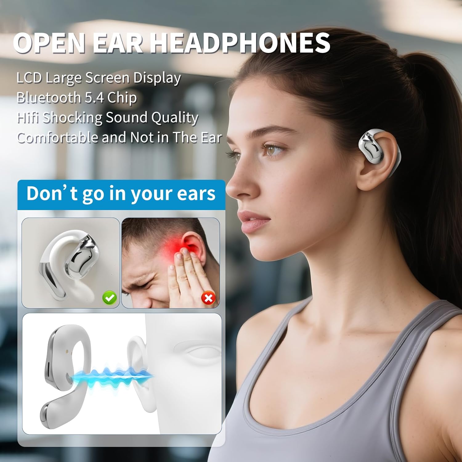 Open Ear Earphones with Touchscreen, Bone Conduction Wireless Earbuds Bluetooth 5.4, 68H Playtime with Charging Case, Over Headphones with Silicone Ear Hooks, for Outdoors Fitness Sport (White)