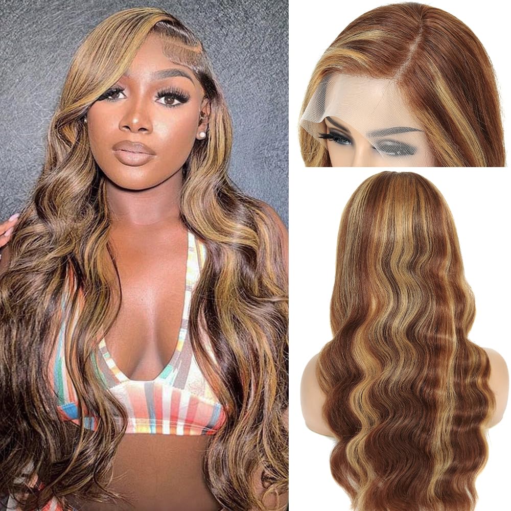Boumon Highlight Ombre Lace Front Wig Human Hair Pre Plucked With Baby Hair 13x4 Body Wave Frontal Wigs Human Hair 200% Density 4/27 Colored Honey