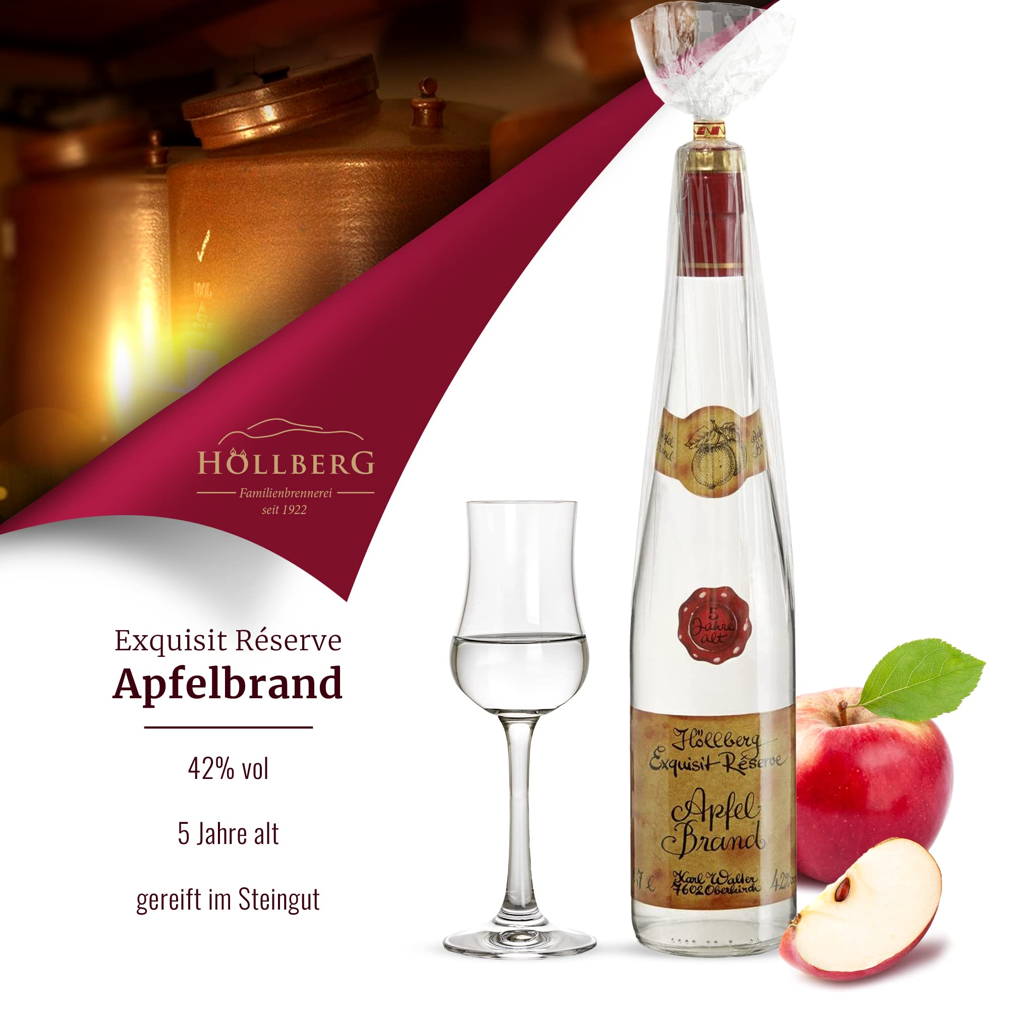 Original Höllberg Apfel Brand Réserve 42% vol. 0.7L | Premium Obstbrand mit edlem Apfel Aroma | Edelbrand aus Familienbrennerei
