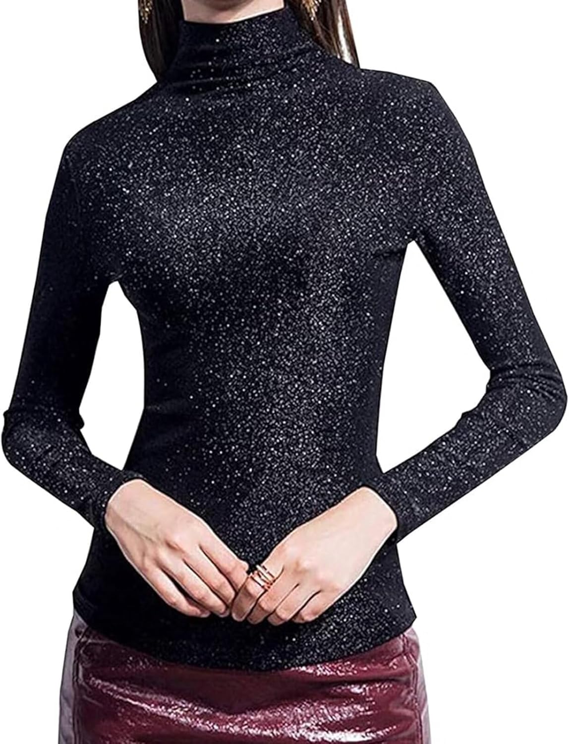 Women's Slim Fit Long Sleeve Sequin Turtleneck Sparkle Tee Glitter Blouse Tops