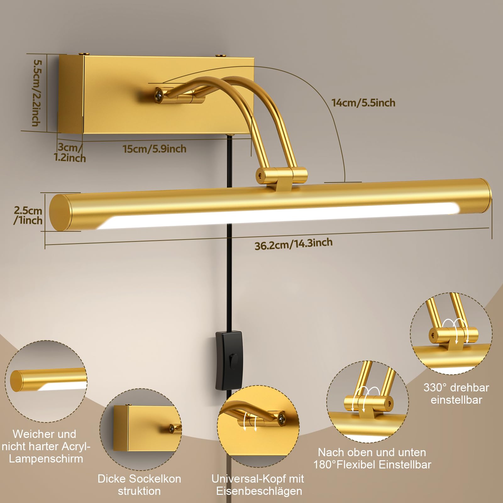 LABOREDUCER Cable para lámpara de fotos con enchufe, 4000 K LED, iluminación de imagen, 36 cm, iluminación para marcos de fotos, dardos, spiege (dorado dorado)