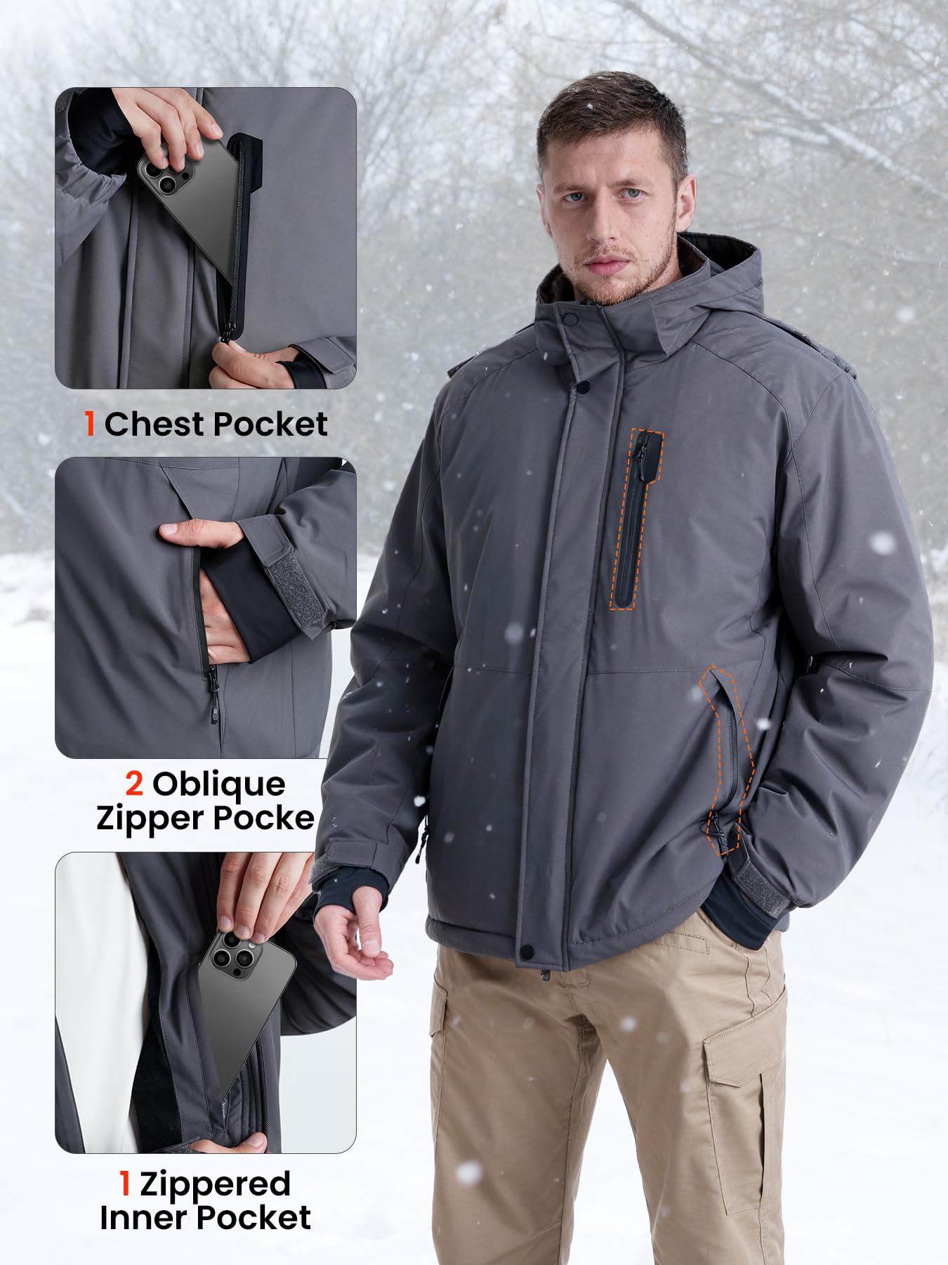 Winterjacke Herren Warm Fleece Gefüttert SkiJacke wasserdichte winddichte atmungsaktive Jacke mit Fleecefutter abnehmbare Kapuze dicke Softshelljacke