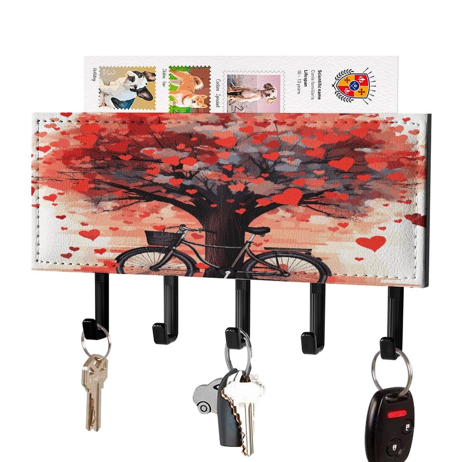 JTREHY Heart Tree Bicycle Key Holder Wall Mount Decorative Key and Mail Holder PU Leather Adhesive Key Organizer Hanging Key Hooks Wall Shelf with 5 Hooks for Entryway Hallway Office