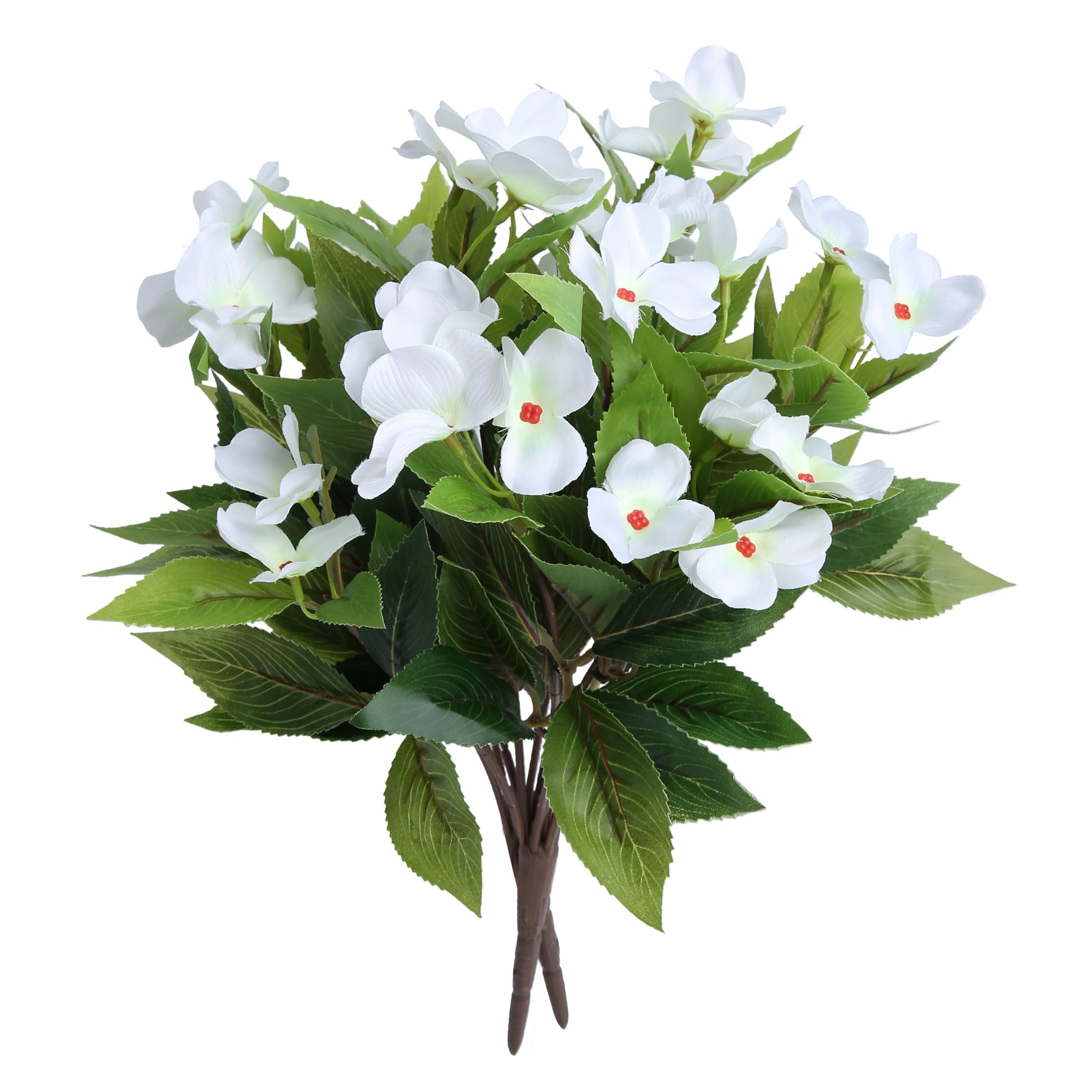 GJFWQC 2 Pcs Artificial Impatiens Flowers Faux Impatiens Bushes Yellow Silk Flowers Greenery Artificial Impatiens Bouquet for Outdoors Patio Lawn Garden Pot Hanging Basket (white)