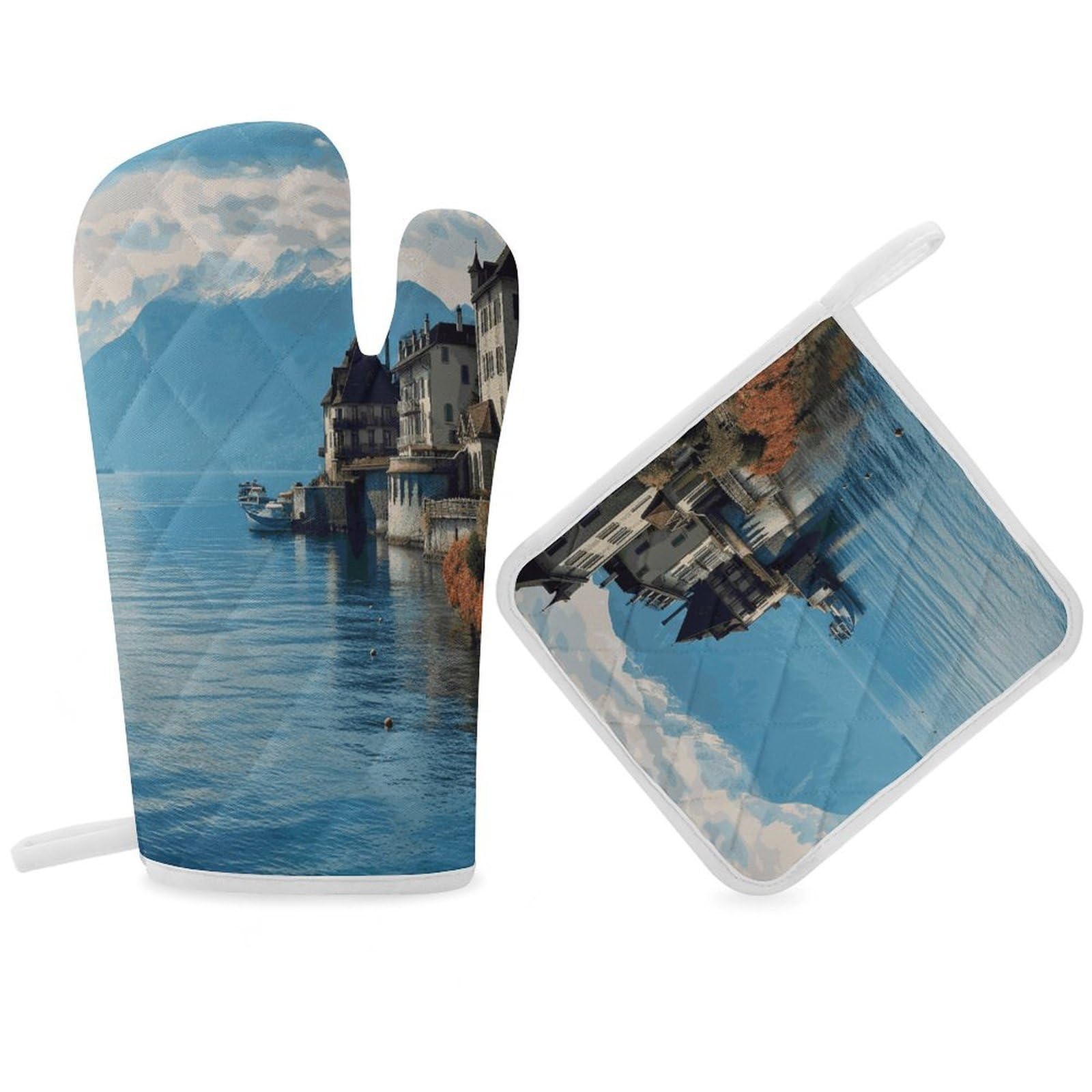 Lake Geneva Switzerland Oven Mitt Thick Substantial Heat Insulation Gloves Soft Skin-Friendly Temperature Resistant Oven Mitts for Cooking Lover Cooks