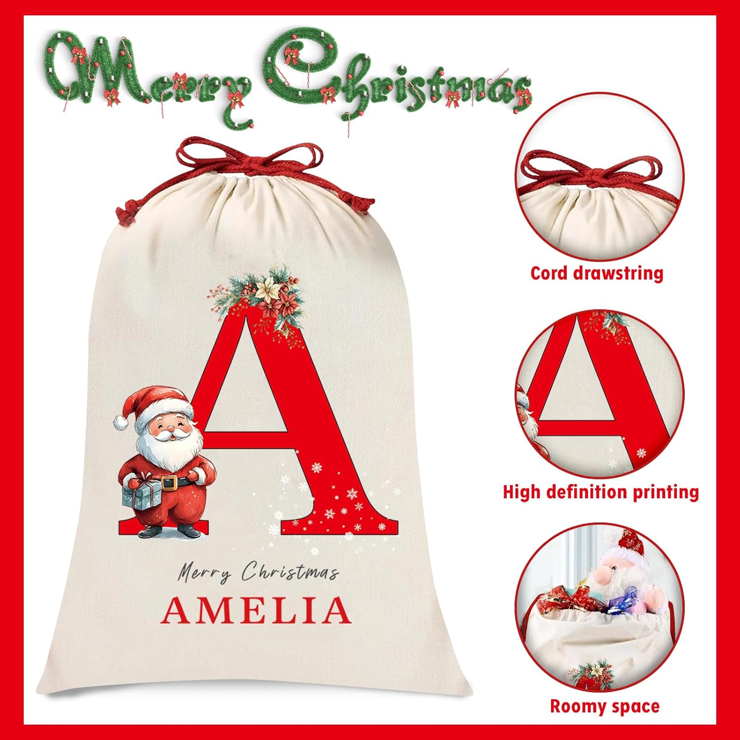 Custom Initial Christmas Santa Sack with Name, Personalized Xmas Canvas Drawstring Bags for Kids, Christmas Gift Doll Bags for Holiday Presents Eve Box Large Sack Bags - Image 4