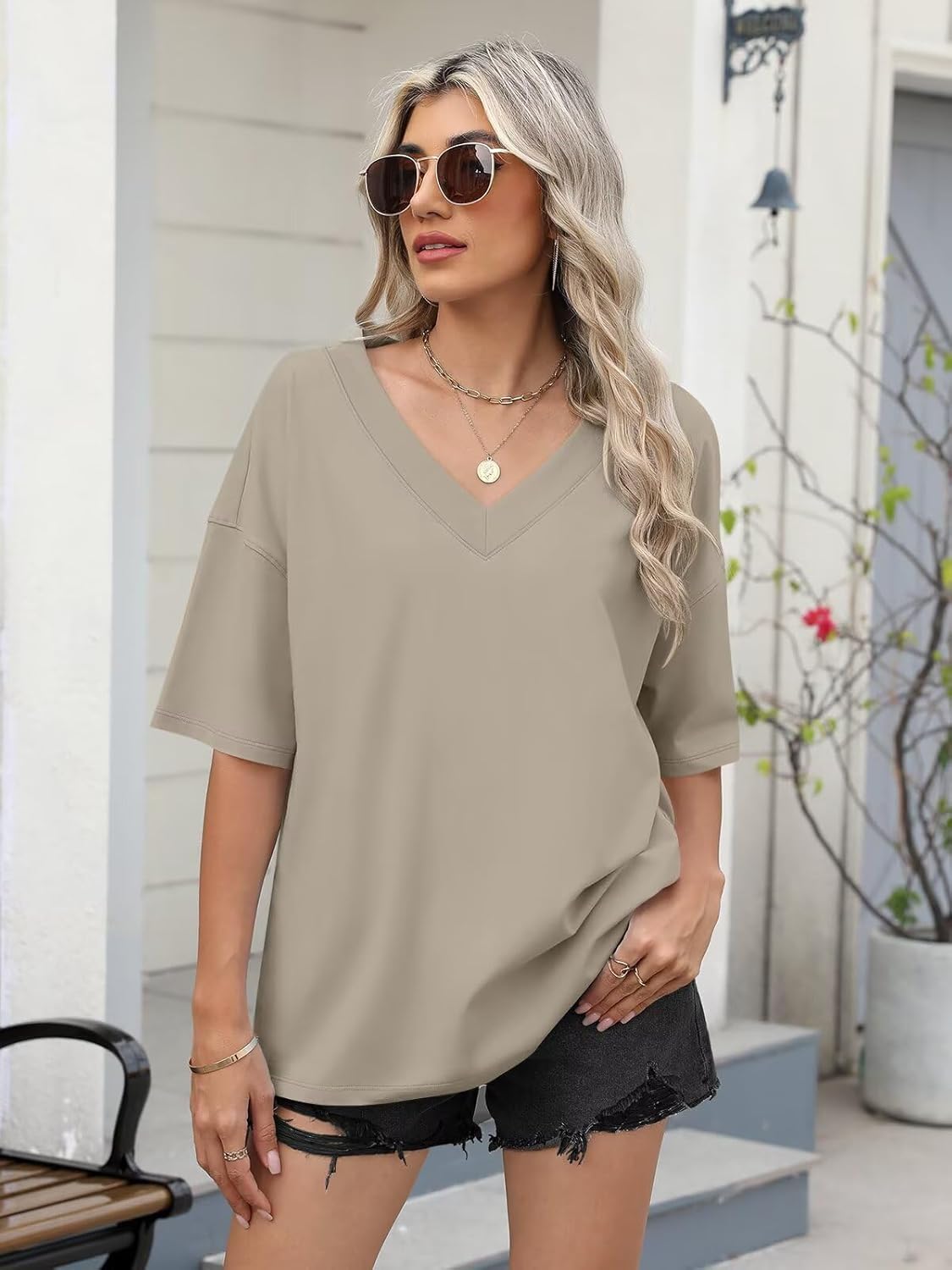 Womens Cotton Ribbed Trim V Neck T Shirts Oversized Short Sleeve Tees Trendy Loose Fit Tops Summer Clothes 2026 - Image 2