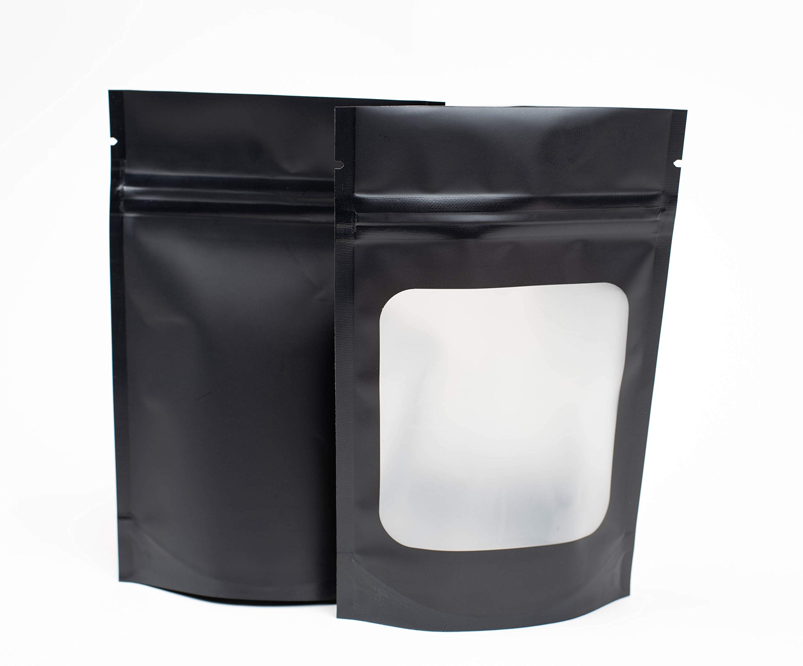 Stand up bottom 110 Pieces Smell Proof Thick Black Mylar Resealable Foil Bags With Window Airtight Ziplock Top Heat Sealable Food Safe Matte Black - 3X4, 3X4 inches