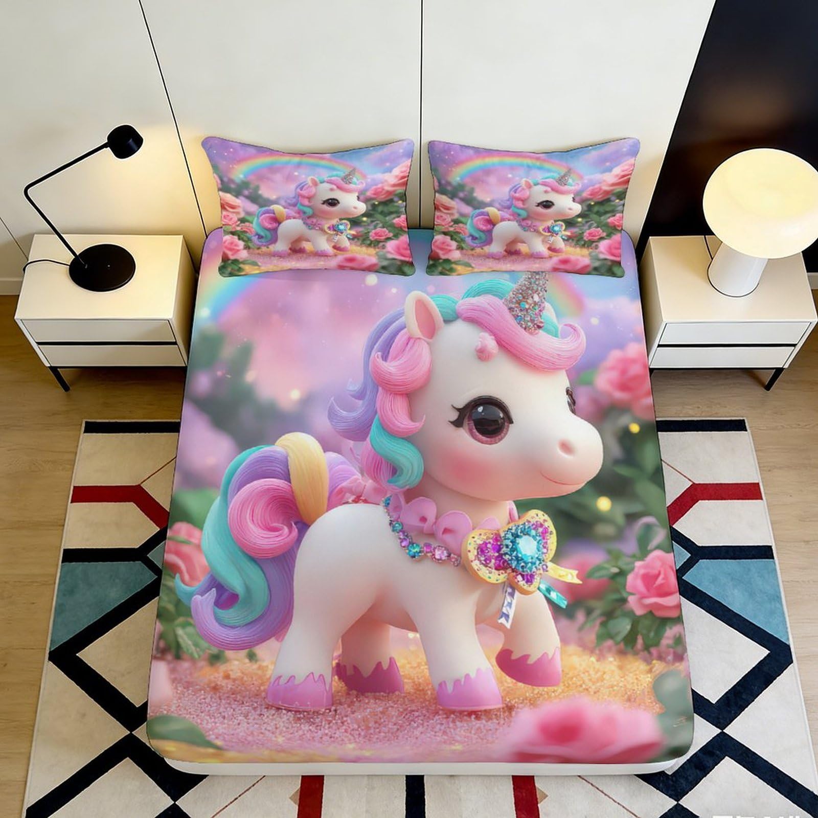 3D Printed Pastel Unicorn Fitted Sheet Microfiber Anti-Slip Rainbow Pony Bed Cover for Bedroom Kids Guest Room Decor 180x200x25cm