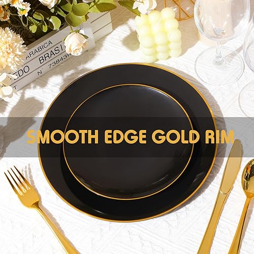 Miniatura 3 de Hushee Juego de vajilla de 250 piezas de platos negros y dorados a granel, borde dorado, desechables para 50 invitados, incluye cuchillos de