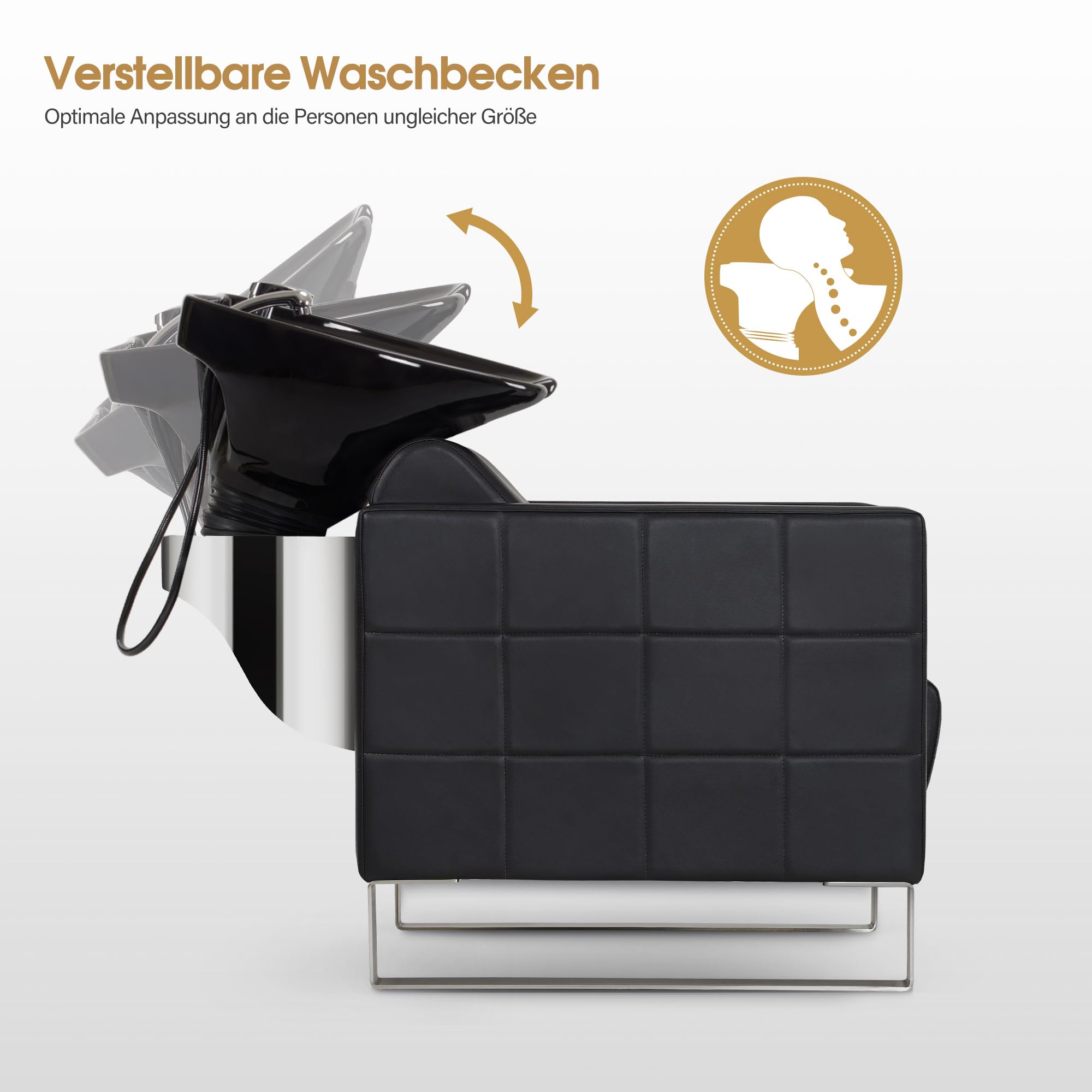Barberpub Friseurstuhl mit Waschbecken & Edelstahlbasis, Friseurwaschbecken aus Keramik Verstellbar, Friseurwaschsessel für SPA Salon Friseur Waschplatz 8611 (Schwarz/Kunstleder)