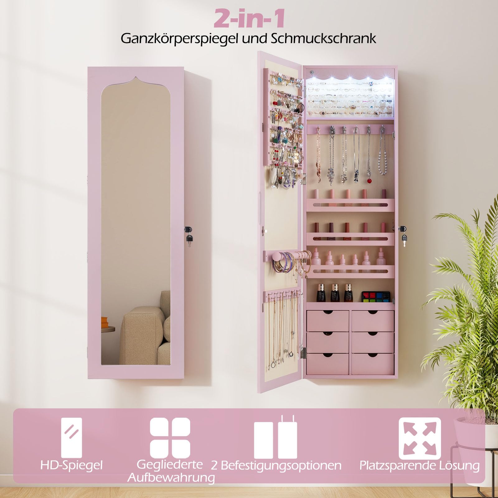 COSTWAY Schmuckschrank mit LED Beleuchtung, 6 Schubladen und Spiegel, Sipegelschrank hängend, Hängeschrank für Tür und Wandmontage, abschließbar (Rosa)