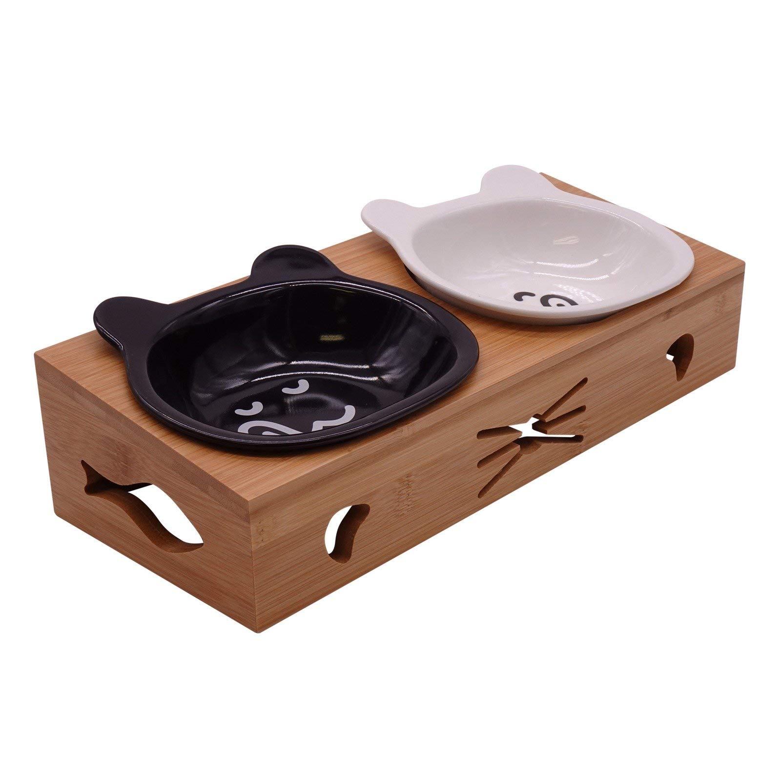 Elevated Cat Food Water Bowl Set - 2 in 1 Raised Pet Dish Feeding Station with Two White and Black Bowls and Wood Stand for Cats Kitten Pets