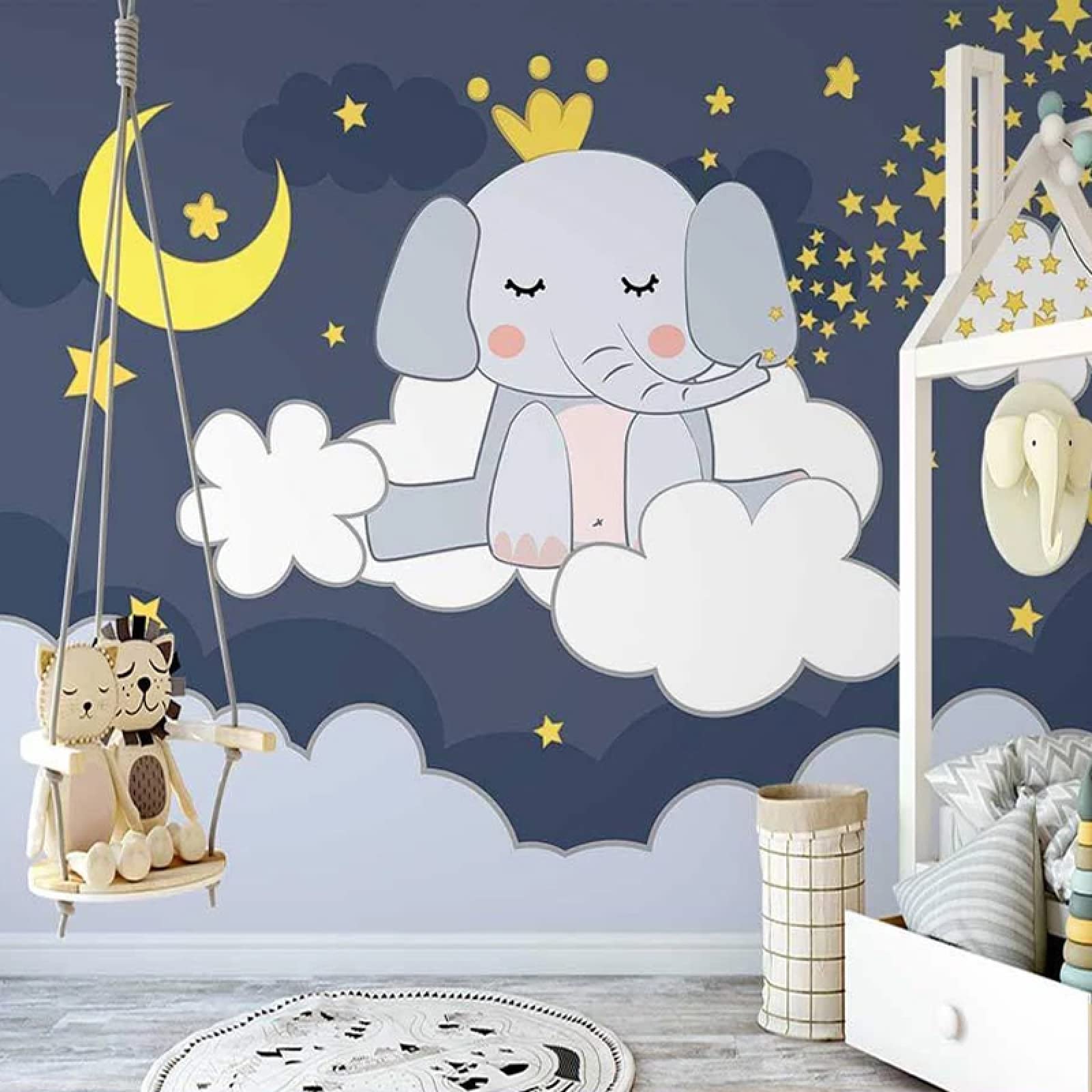Papier Peint Dessin à la Main Éléphant Couronne pour Décoration Murale Enfant Premium