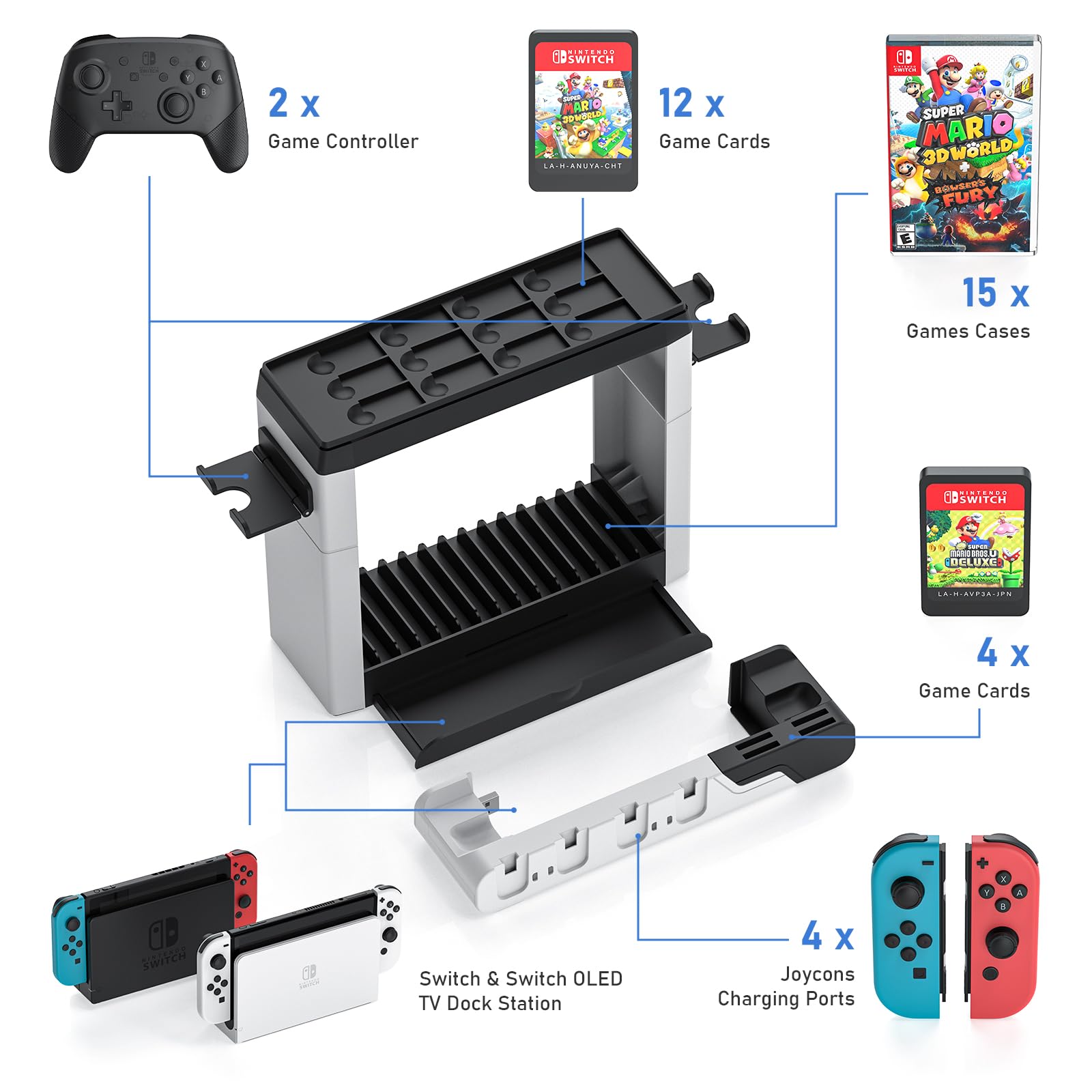 Switch Game Storage con controller Charger per Nintendo Switch e modello OLED, MLIFEMFUL Switch Charging Dock carica 6 Joycon, Switch Gaming Accessories Holder Desk, Switch Game Gift Card Organizer