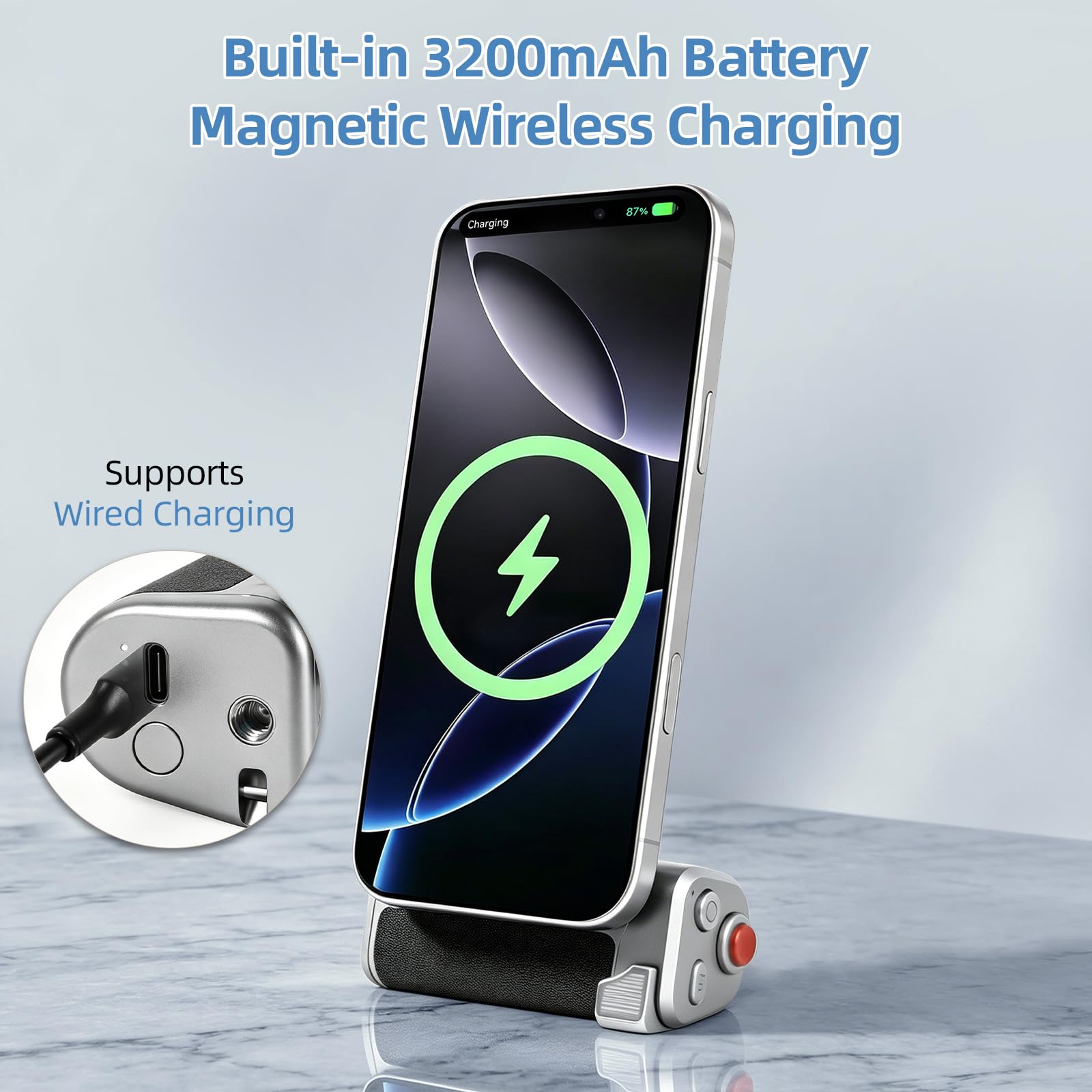 AFAITH Master Grip für iPhone & Android Handy Kamera Griff Magsafe, Integrierter 3200mAh Akku, Kabelloses Laden, DSLR Stil Phone Griffhalterung(Schwarz & Silber)