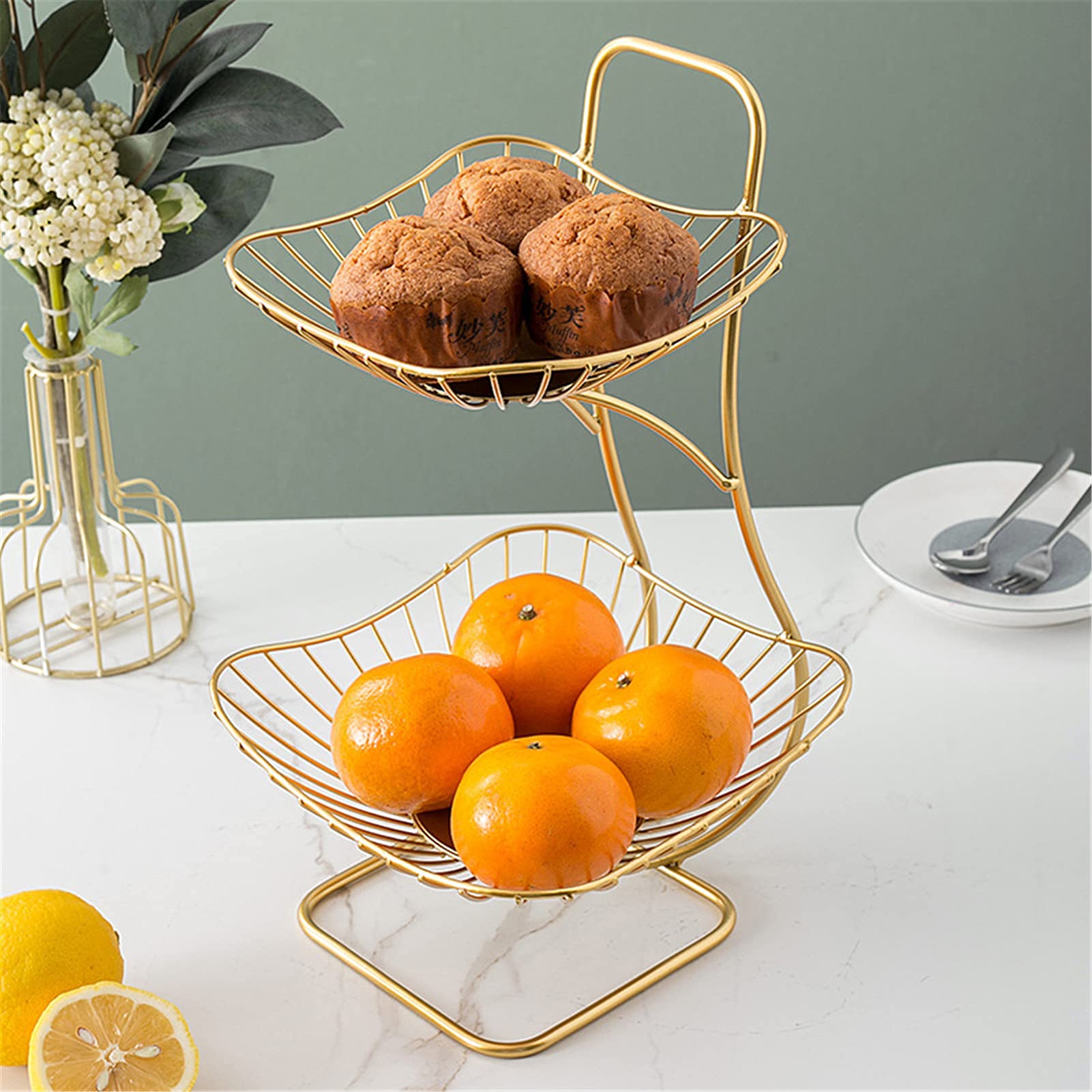 Creative Exquisit Fruit Etagers Made of Metal with 2 Storey, Nordic Modern Living Room Fruit Bowl As A Decorative, Lotus Leaf Shape Kitchen Vegetable Storage Drain Basket,Gold